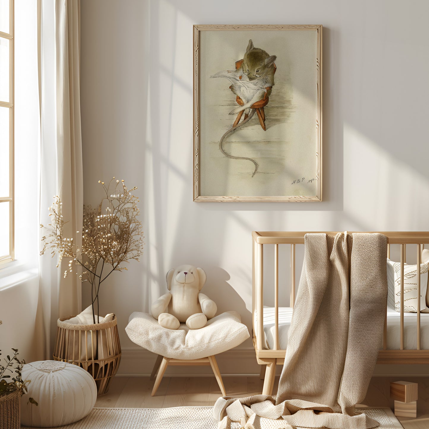 Retro original Beatrix Potter illustration, mus som läser tidningen.
