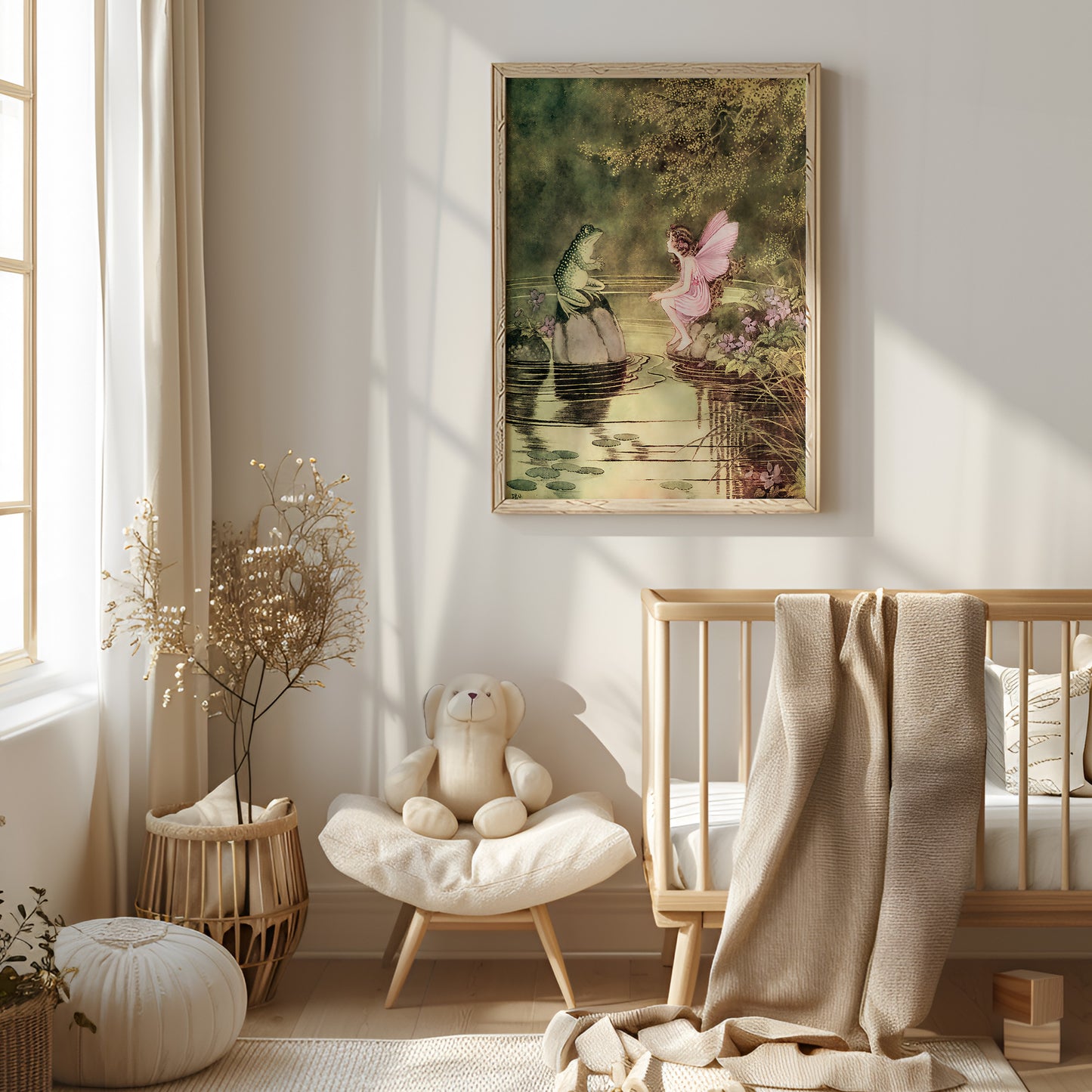 Poster, vintage illustration av en gullig älva som pratar med en groda.