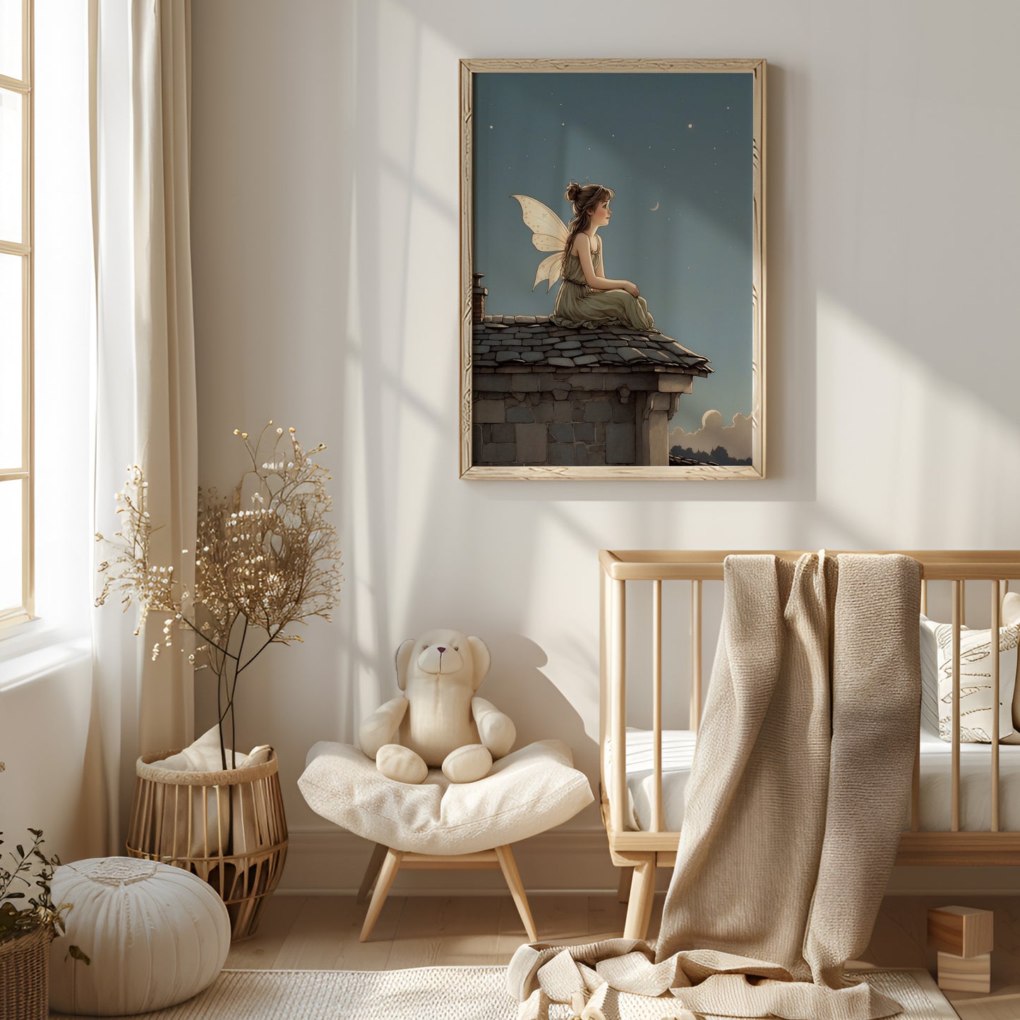 Poster, älva på tak i kvällsljus.
