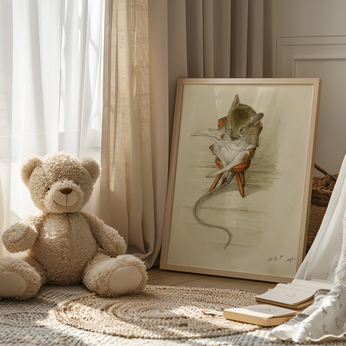 Retro original Beatrix Potter illustration, mus som läser tidningen.