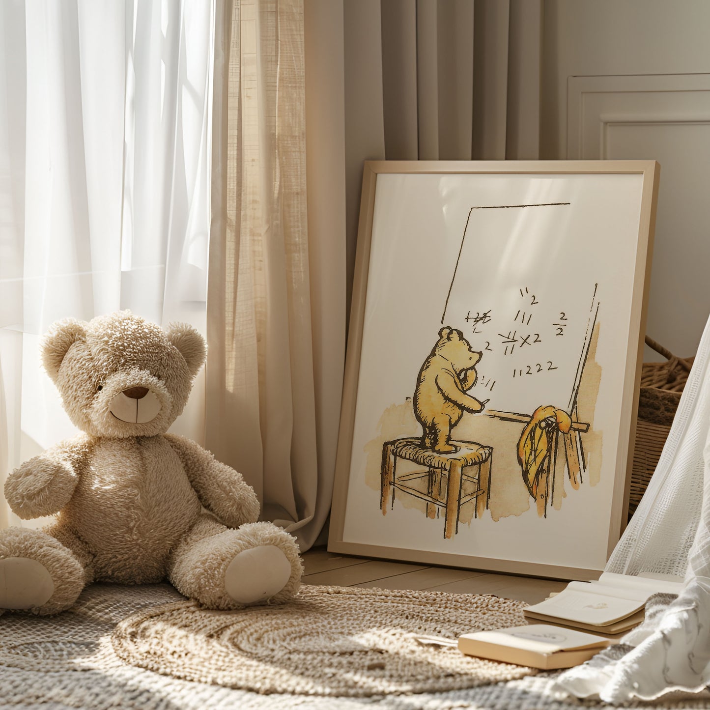 Retro Nalle Puh illustration för barnrummet. Nalle Puh räknar matte.