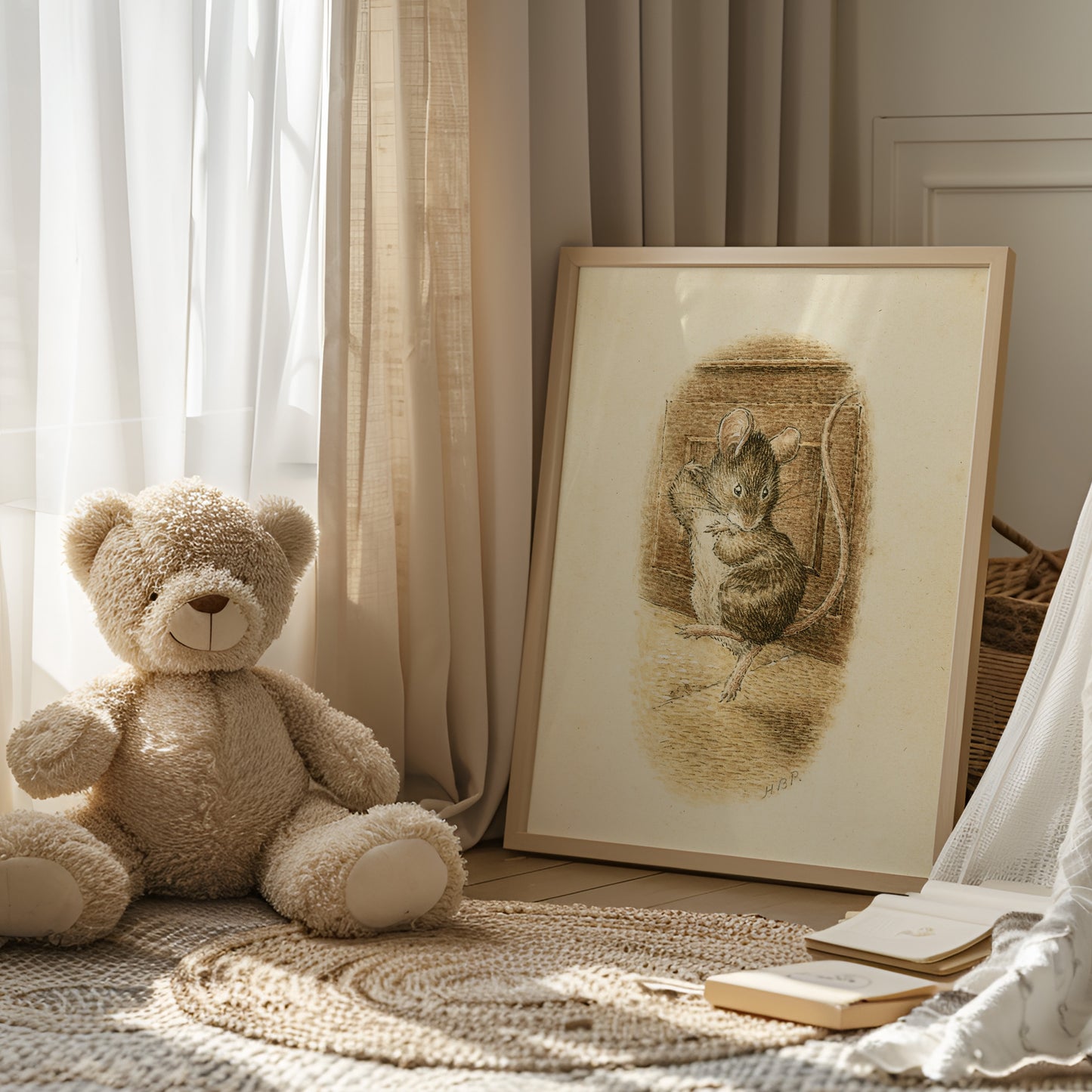 Retro Beatrix Potter illustration, dansande mus.