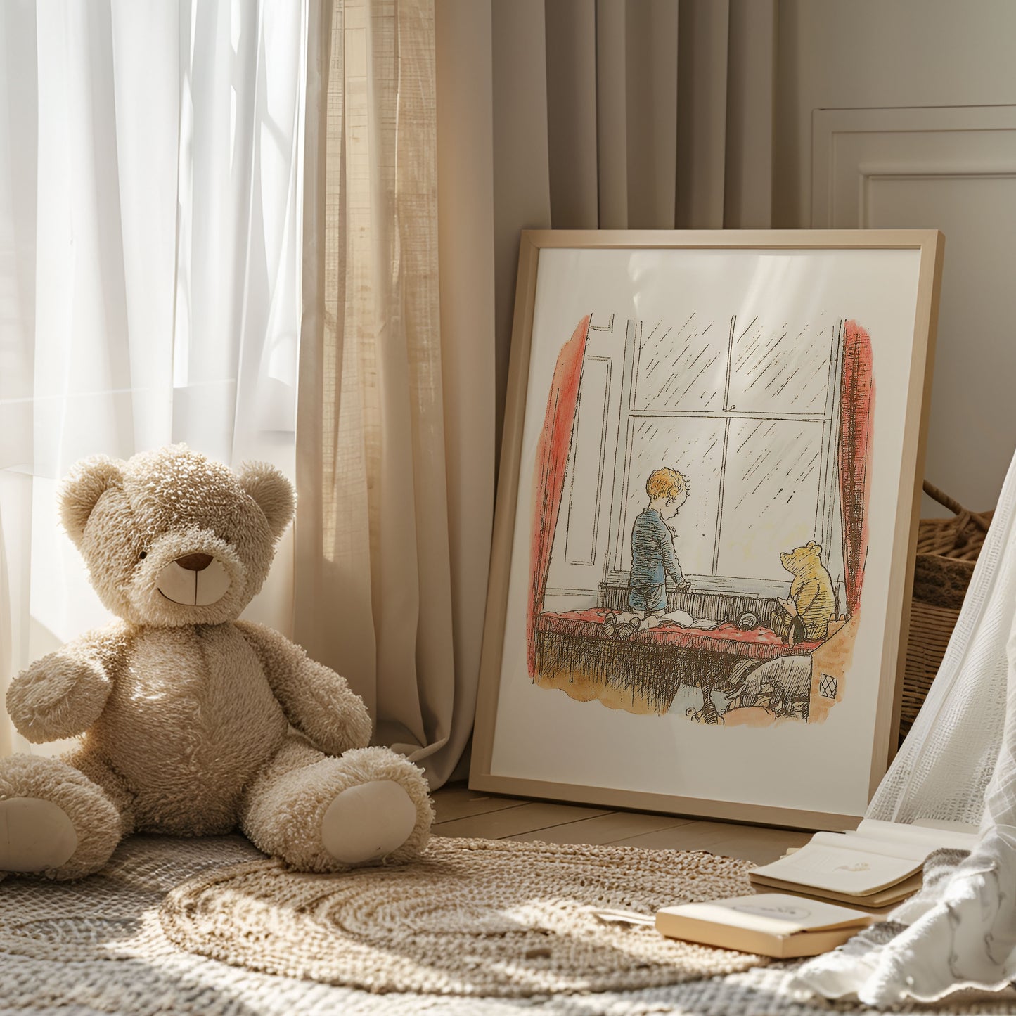 Retro Nalle Puh illustration för barnrummet. Väntan på bättre tider.