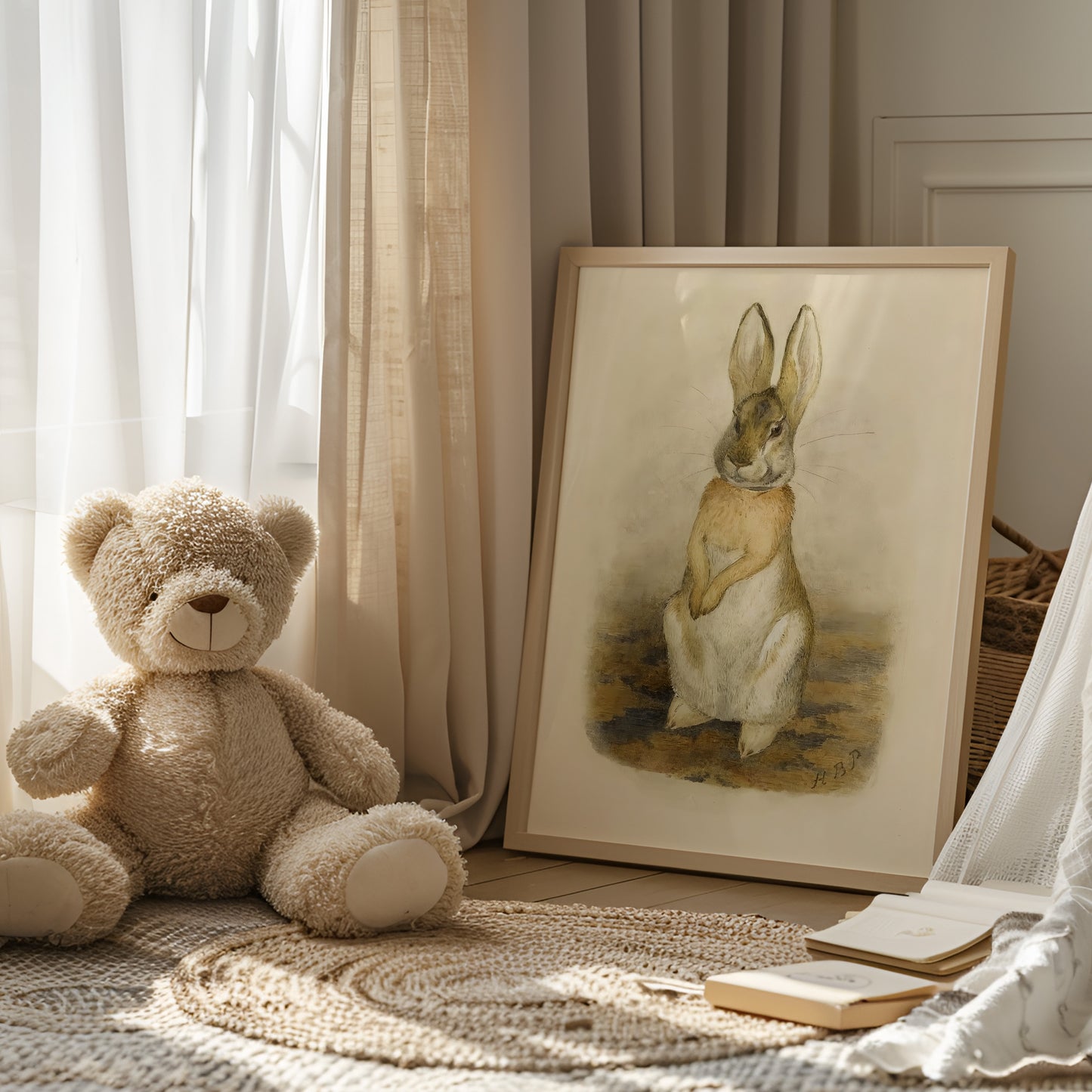 Beatrix Potter origina illustration av en söt hare.