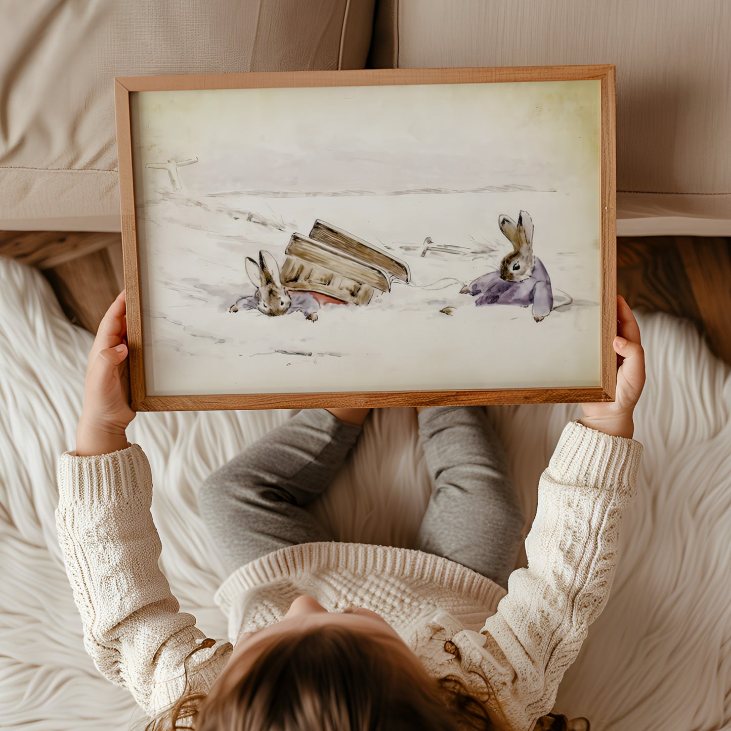 Retro Beatrix Potter illustration, kaniner i snölandskap.
