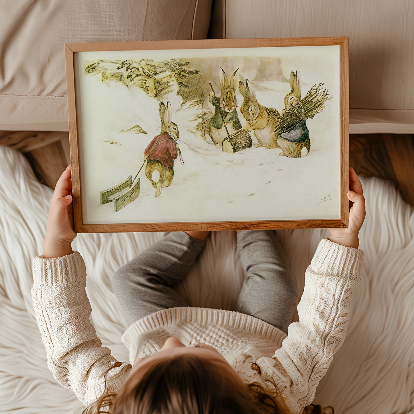 Retro Beatrix Potter illustration, kaniner i vinterlandskap.