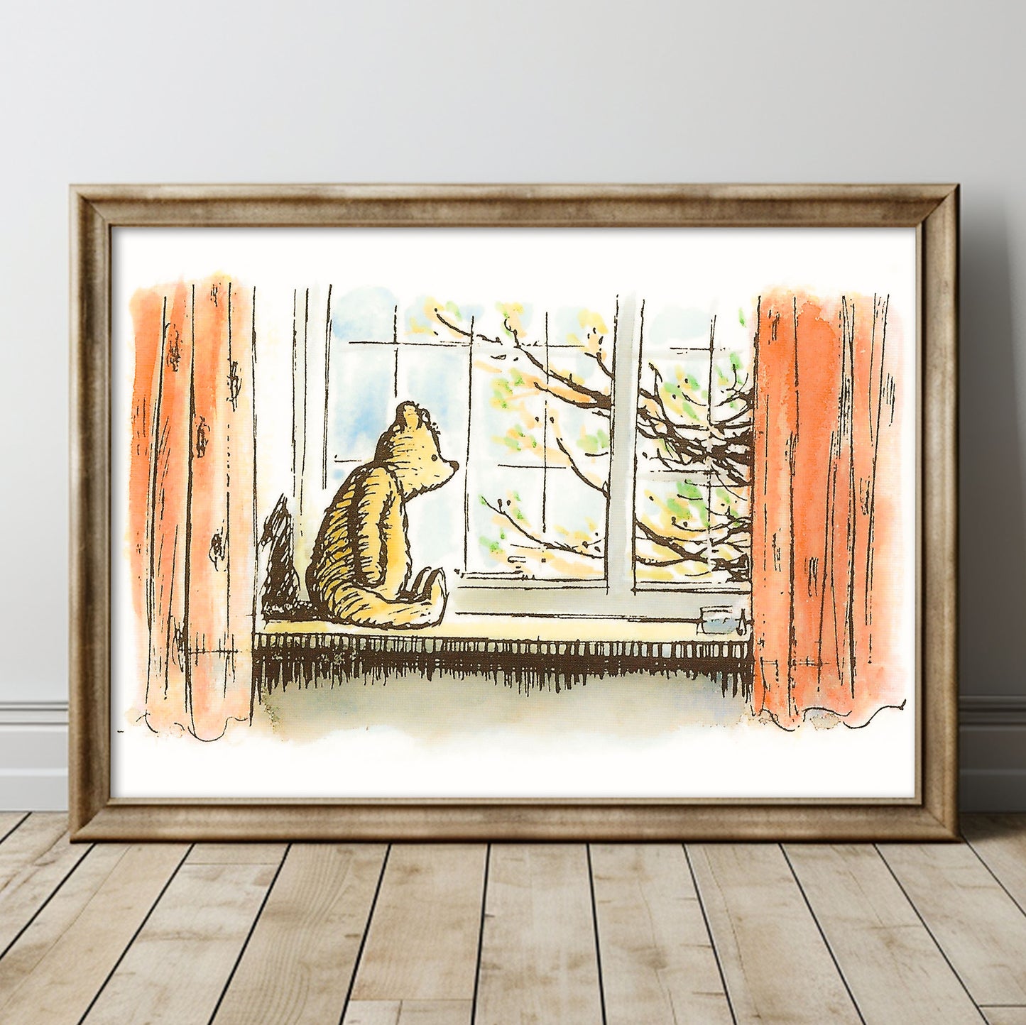 Retro Nalle Puh illustration för barnrummet. Väntar på Christoffer Robin.