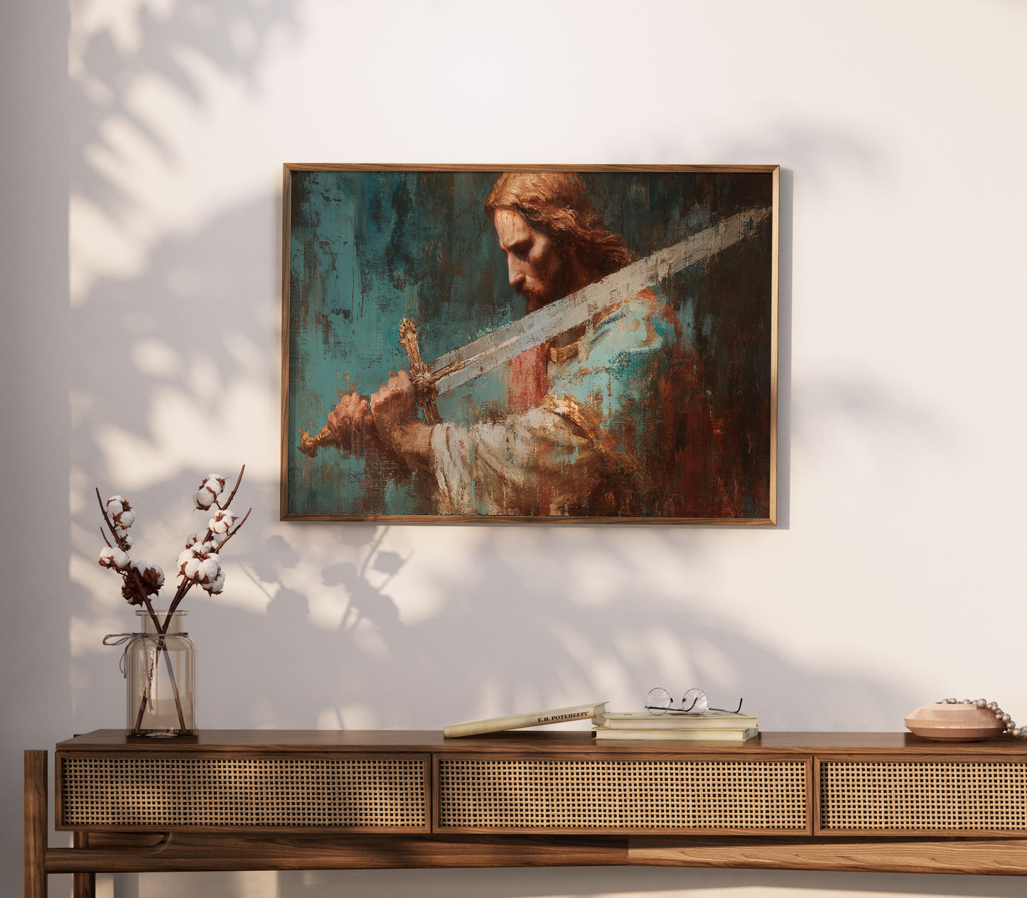 Poster, Jesus kämpar för dig, Jesus med svärd abstrakt oljemålning.