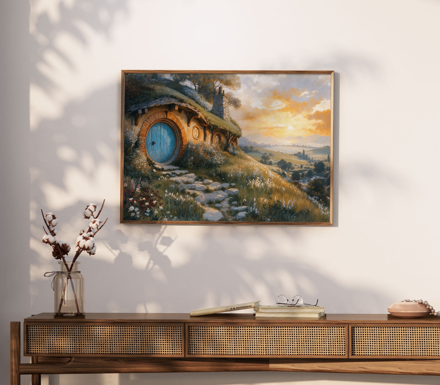 Sagan om Ringen inspirerad poster. Hobbithåla i solnedgång.