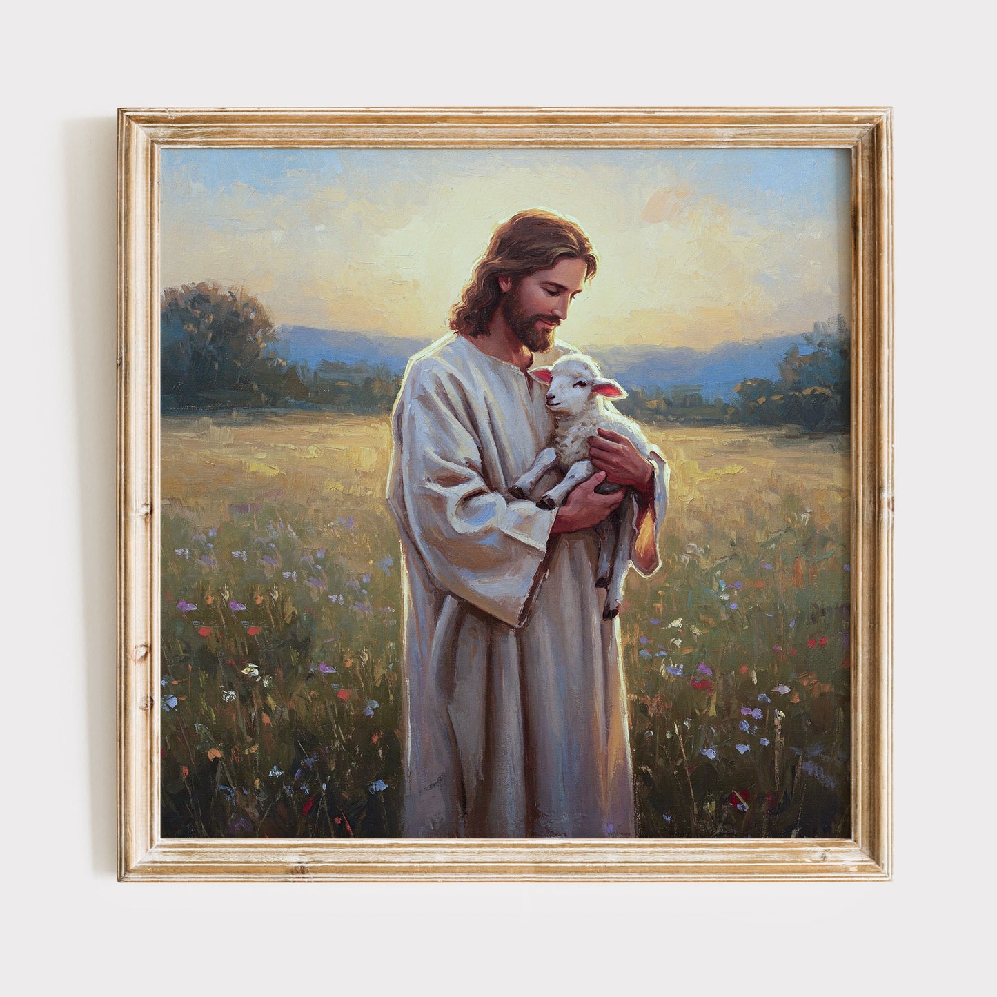 Den gode herden Poster, Jesus håller ett lamm i sin famn oljemålning.