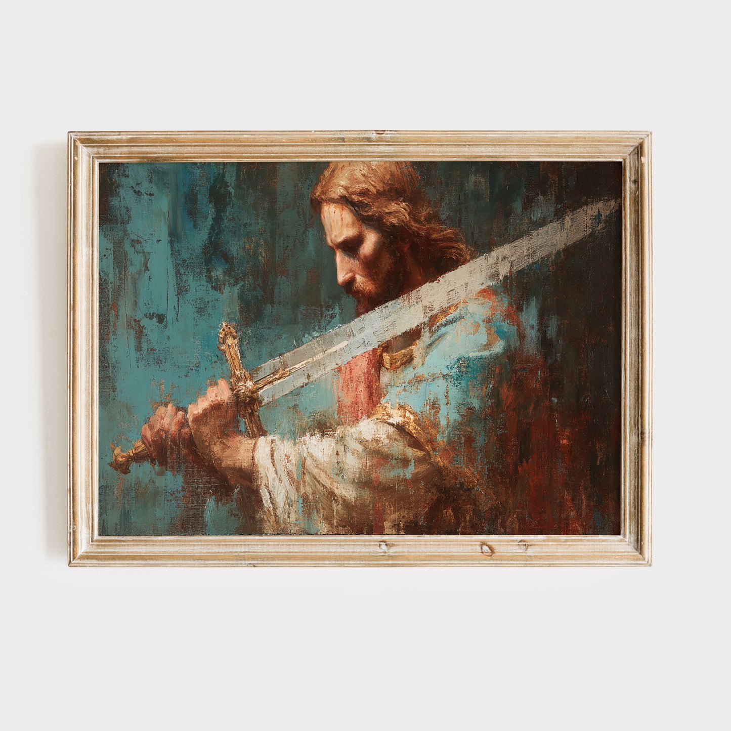 Poster, Jesus kämpar för dig, Jesus med svärd abstrakt oljemålning.