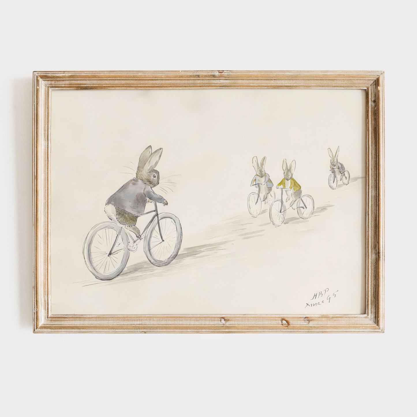 Retro Beatrix Potter illustration för barnrummet. Biker Bunnies.