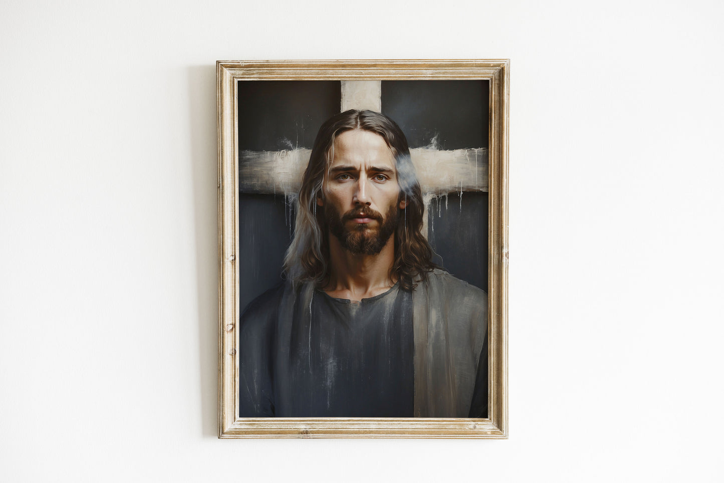 Poster, Jesus porträtt med kors i bakgrunden.