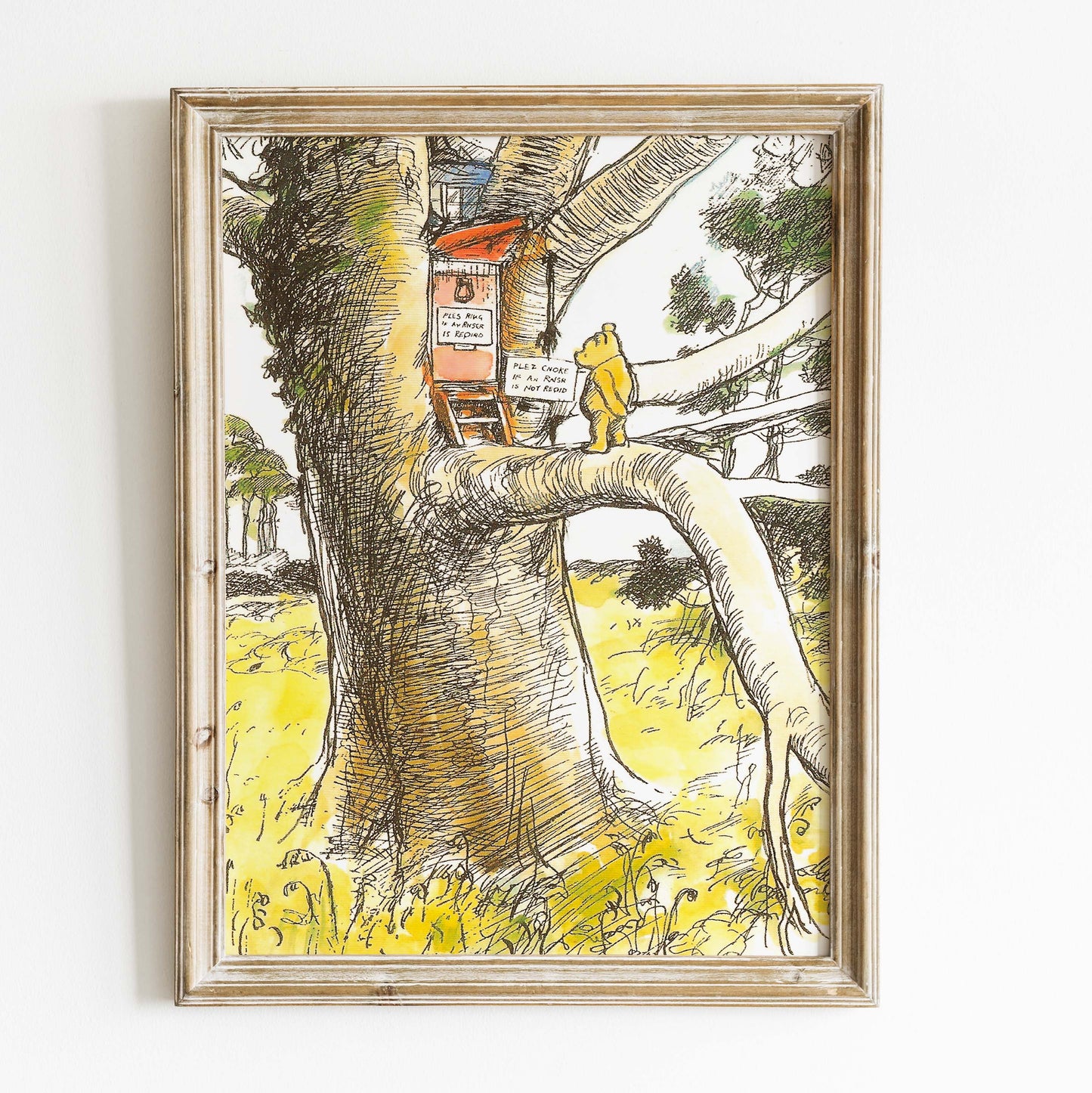 Retro Nalle Puh illustration för barnrummet. Trädkoja.