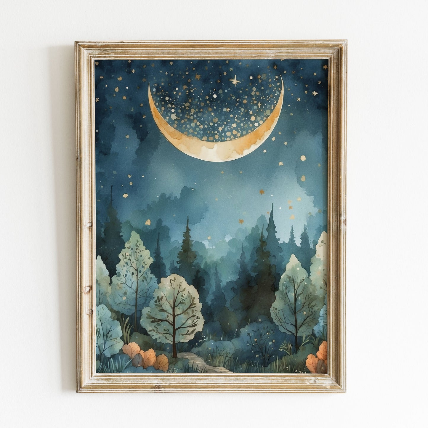 Poster, magisk spirituell skog med måne.