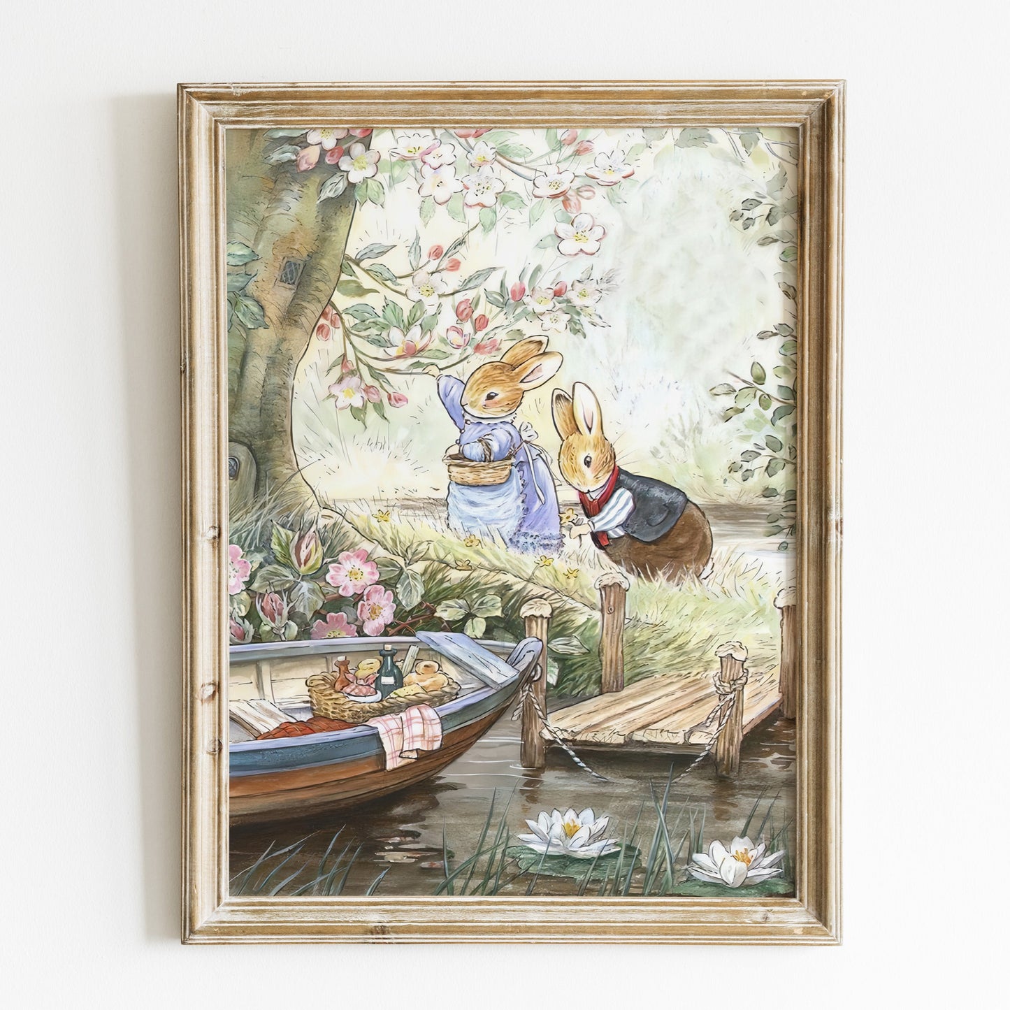 Retro Illustration för barnrummet. Beatrix Potter, kaniner på picknick.
