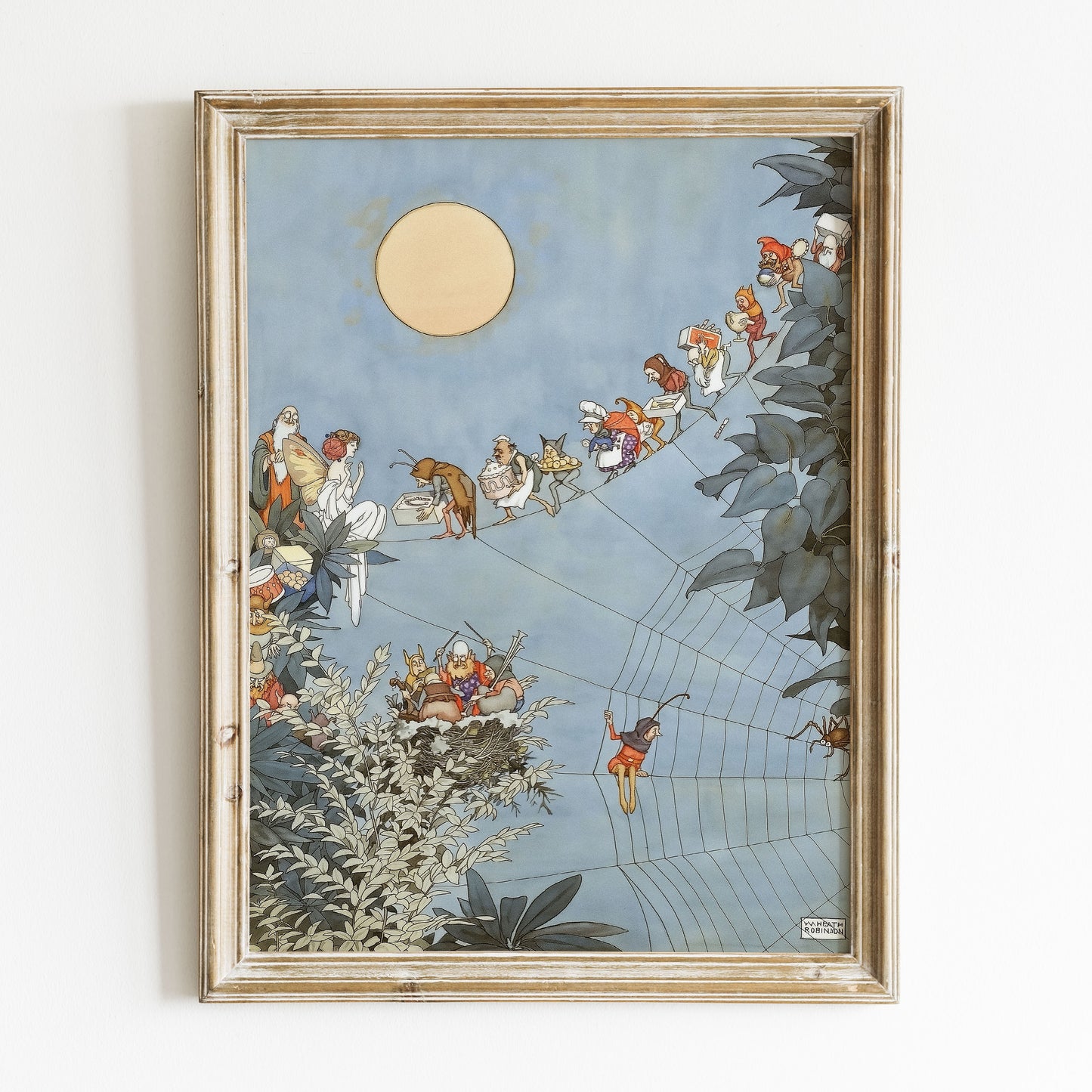 "Spiders web in moonlight" Retro illustration för barnrummet av William Heath Robinson.