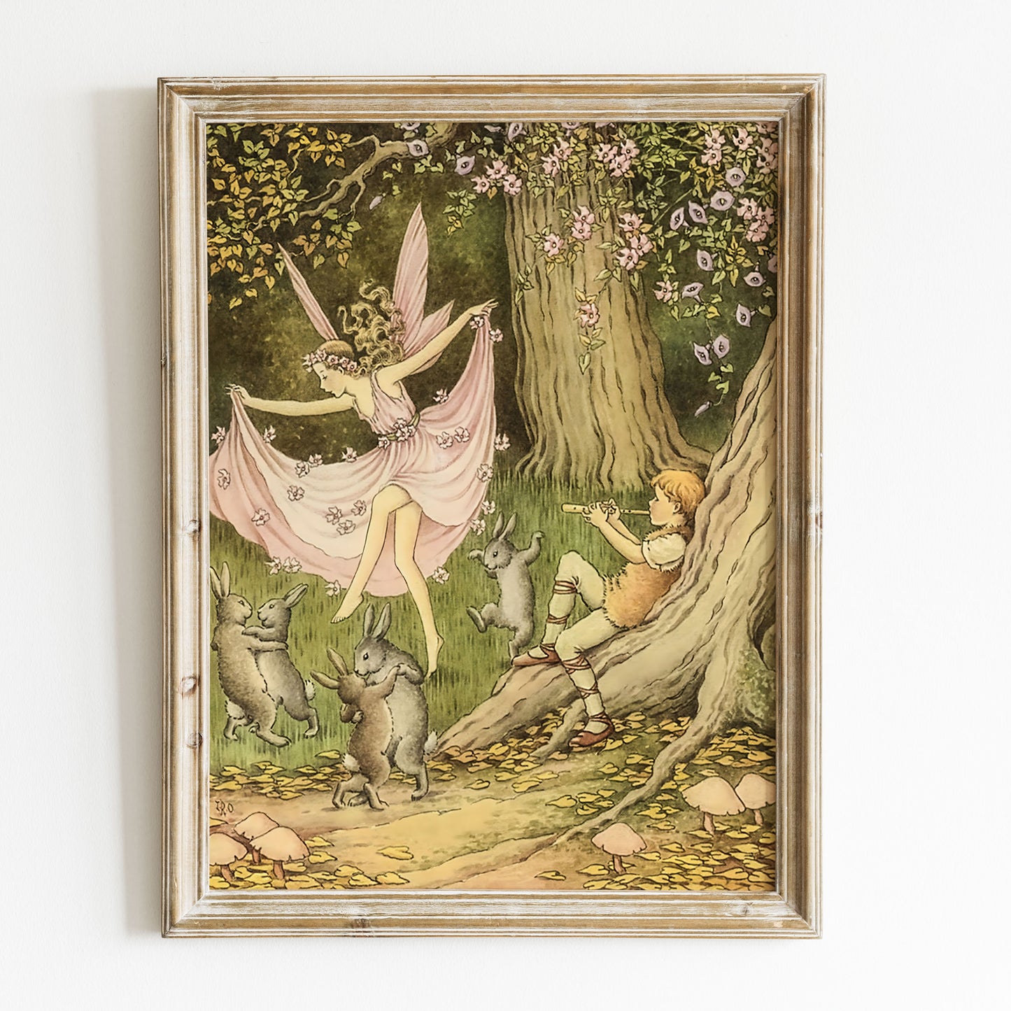 Poster, vintage illustration av dansande älva i skogen.