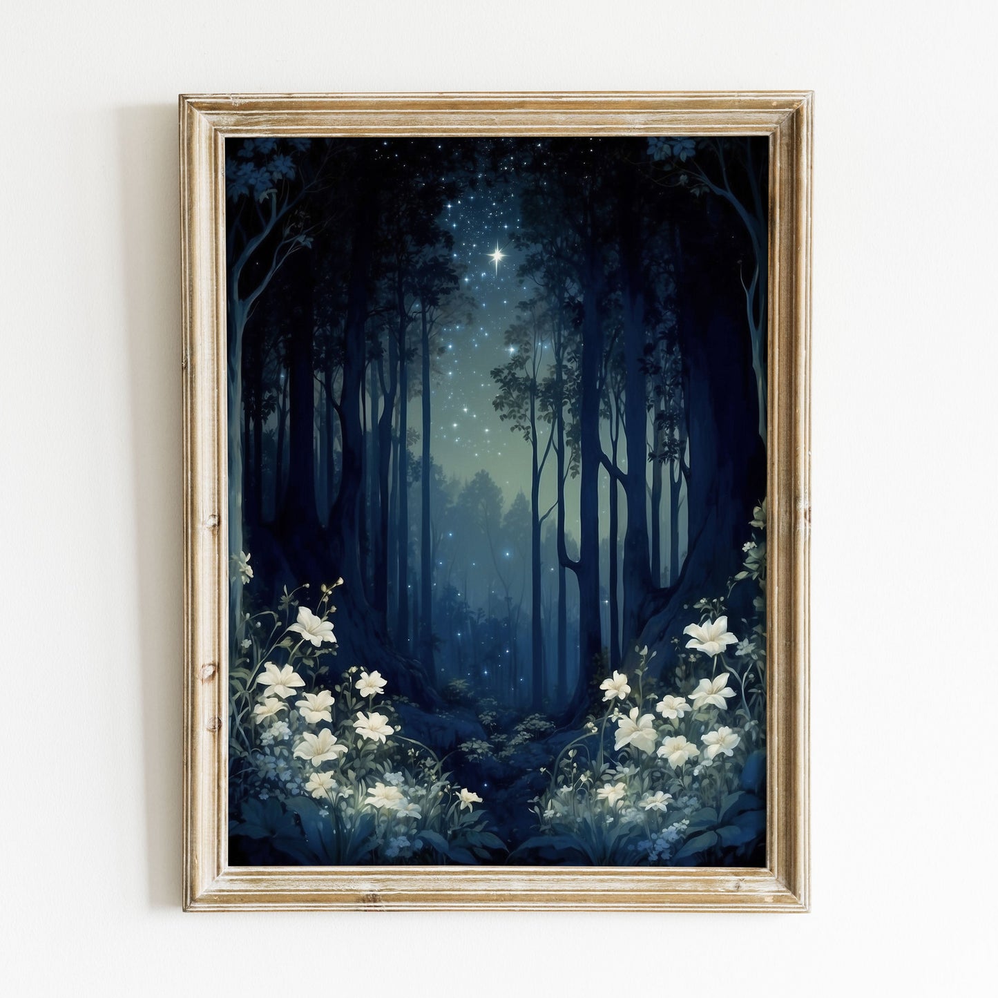 Poster, magisk spirituell skog med vitsippor.