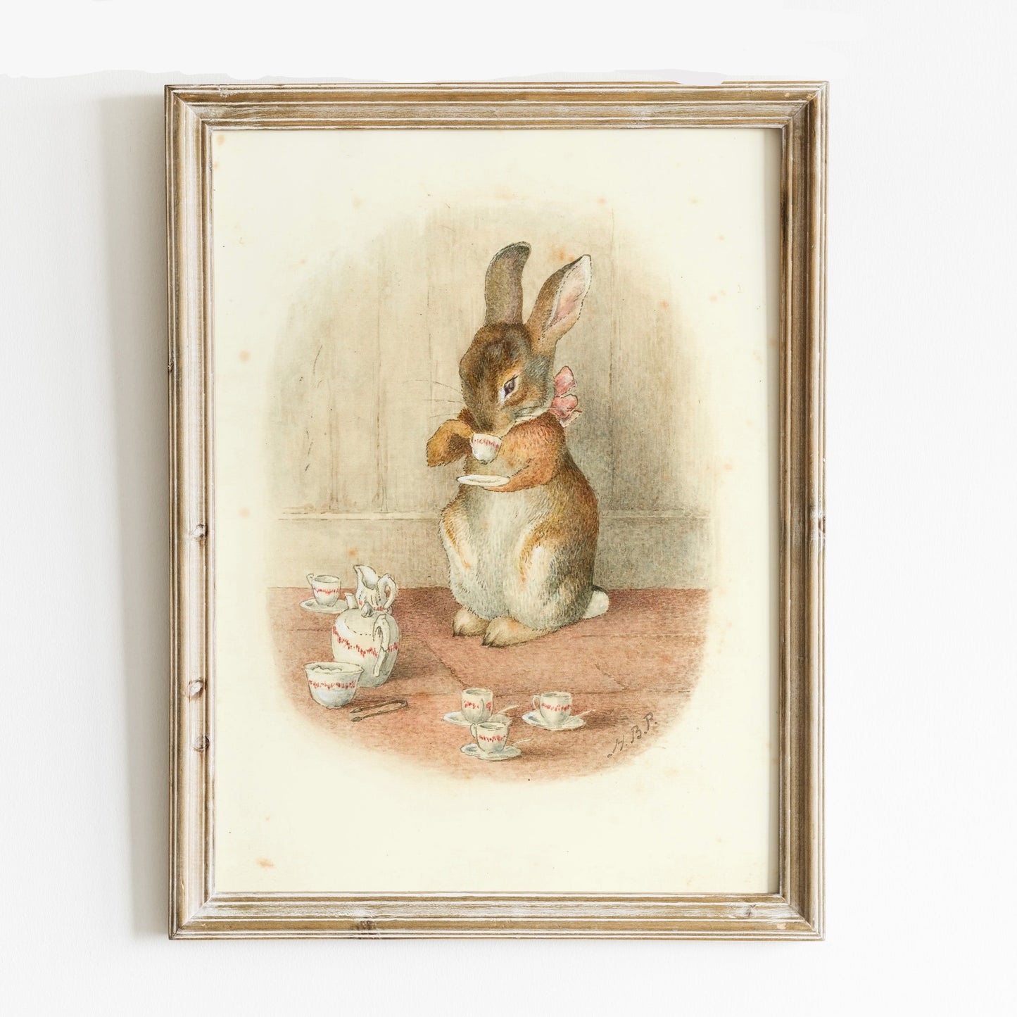 Retro Beatrix Potter illustration för barnrummet. A rabbit tea party.