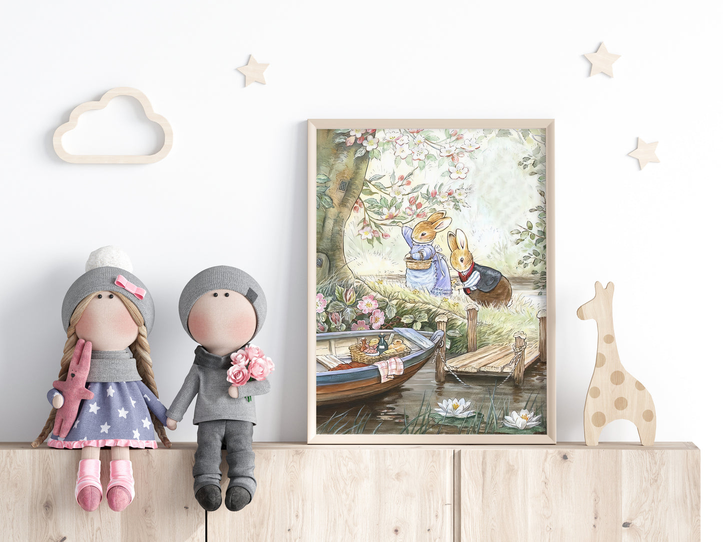 Retro Illustration för barnrummet. Beatrix Potter, kaniner på picknick.