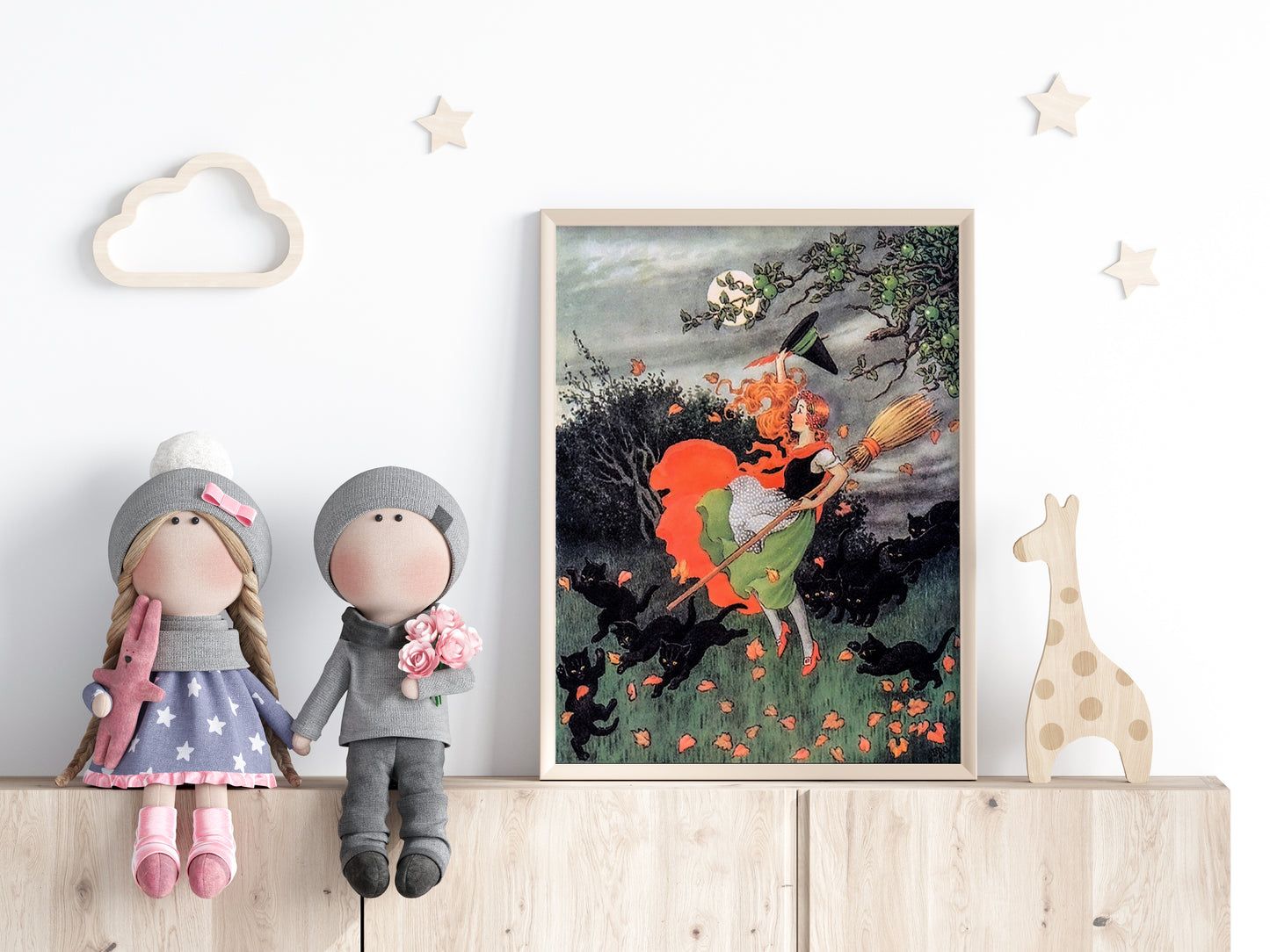 Poster, retro illustration av en gullig häxa och hennes katter.
