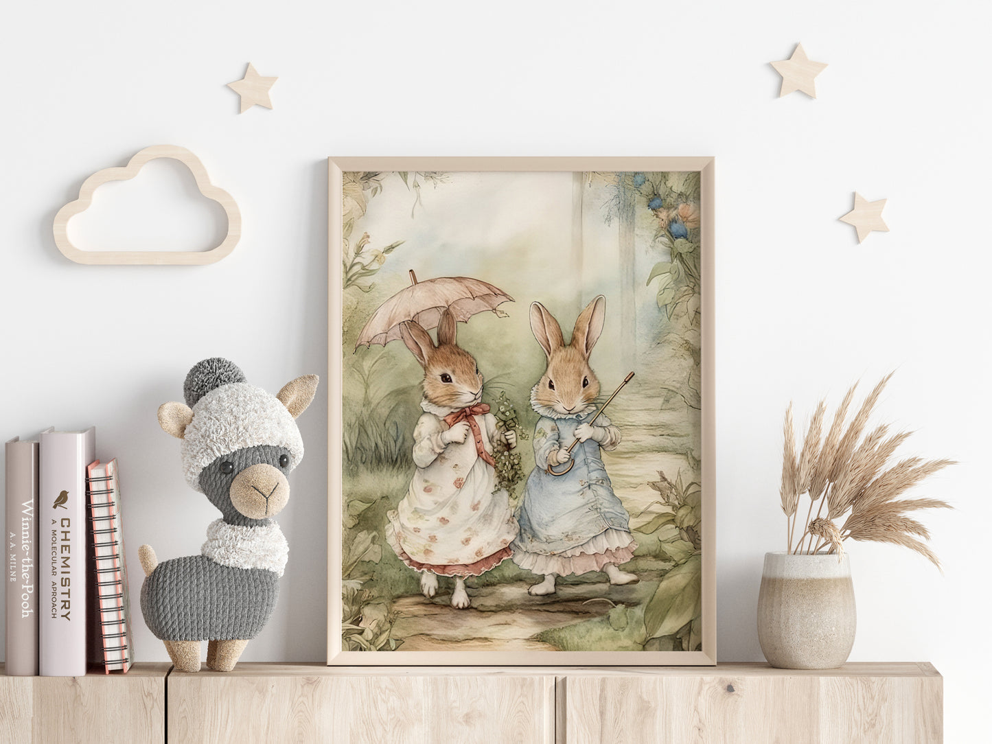 Retro Illustration för barnrummet. Beatrix Potter, kaniner.
