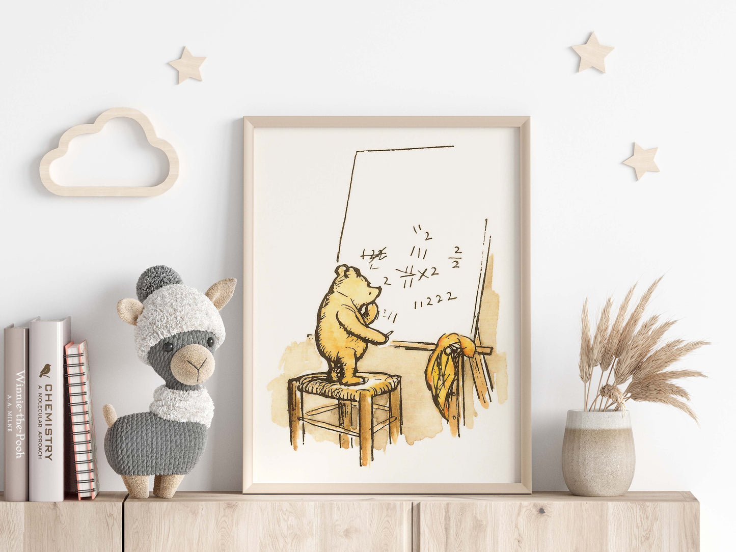 Retro Nalle Puh illustration för barnrummet. Nalle Puh räknar matte.