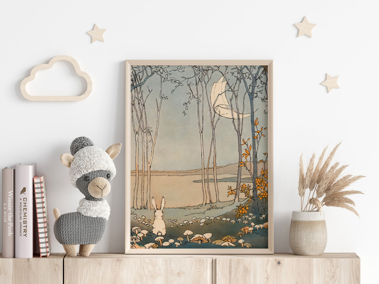Retro Illustration för barnrummet. Kanin i magisk skog.