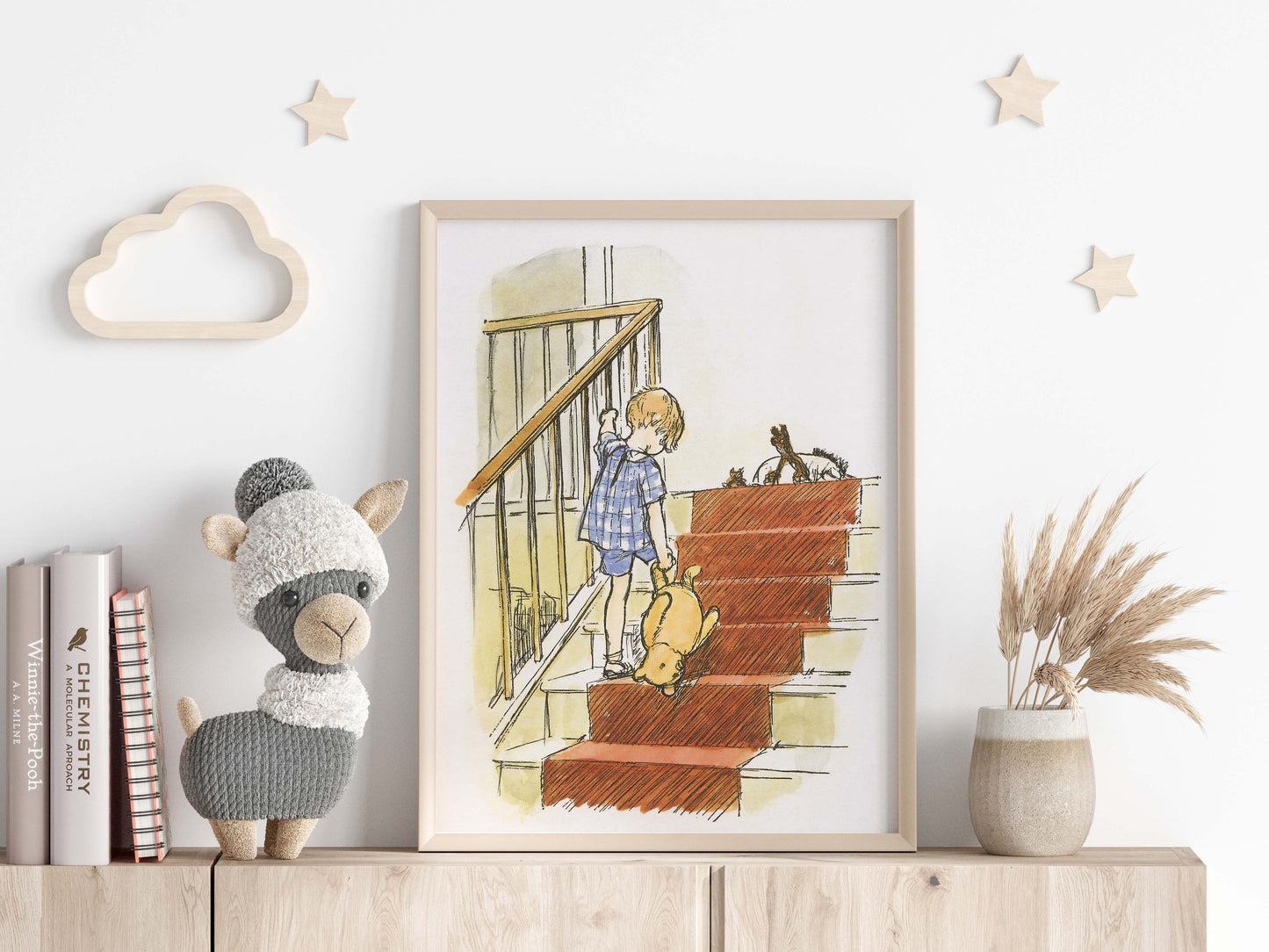 Retro Nalle Puh illustration för barnrummet. Dags att lägga sig.