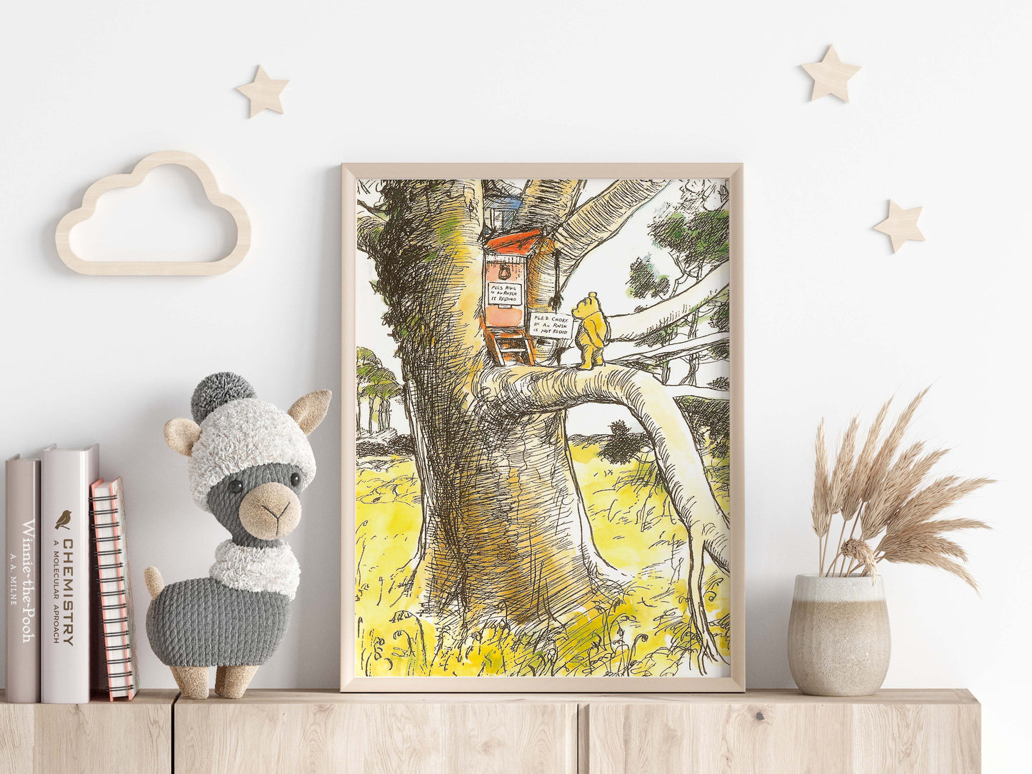 Retro Nalle Puh illustration för barnrummet. Trädkoja.