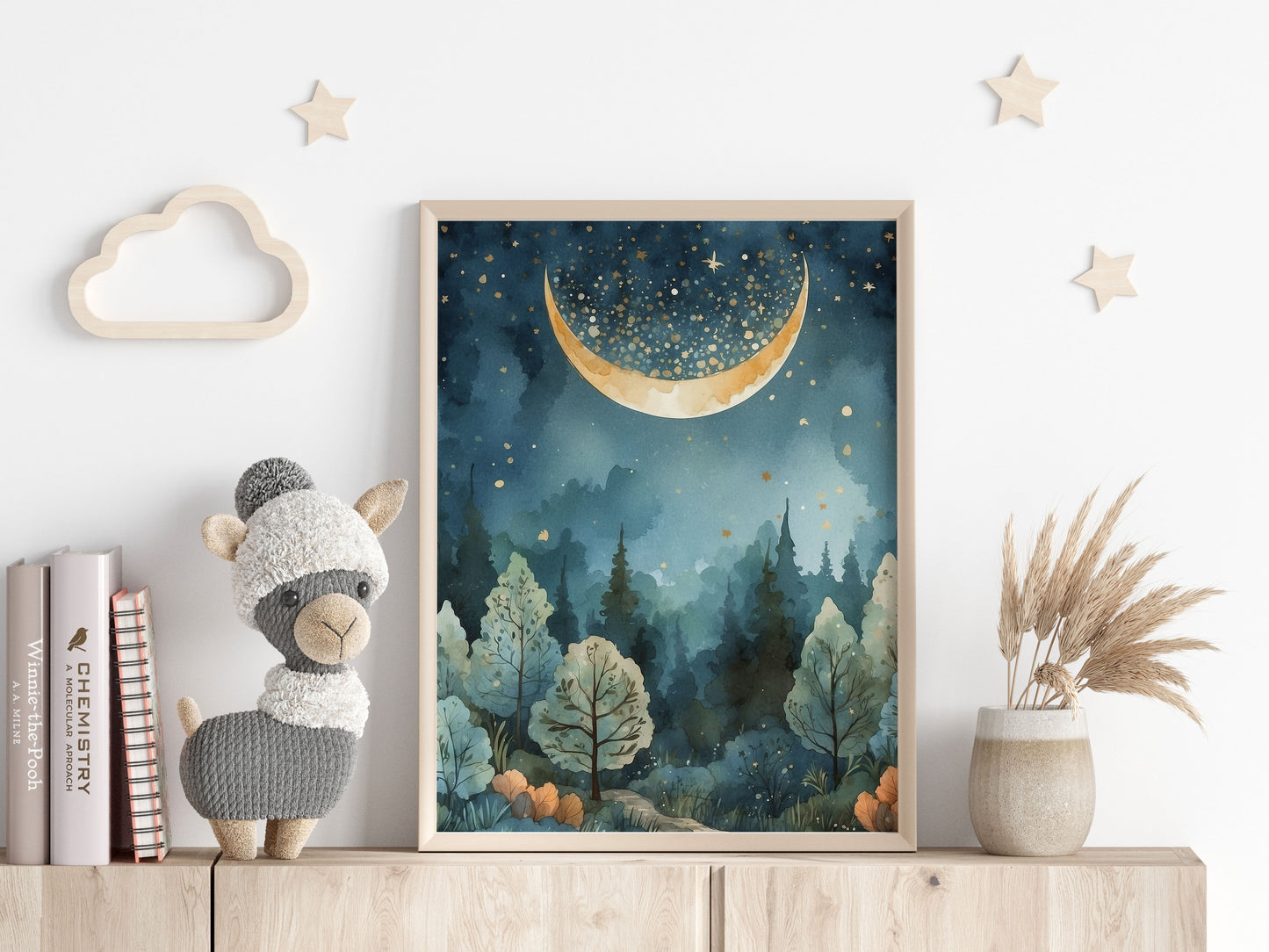 Poster, magisk spirituell skog med måne.
