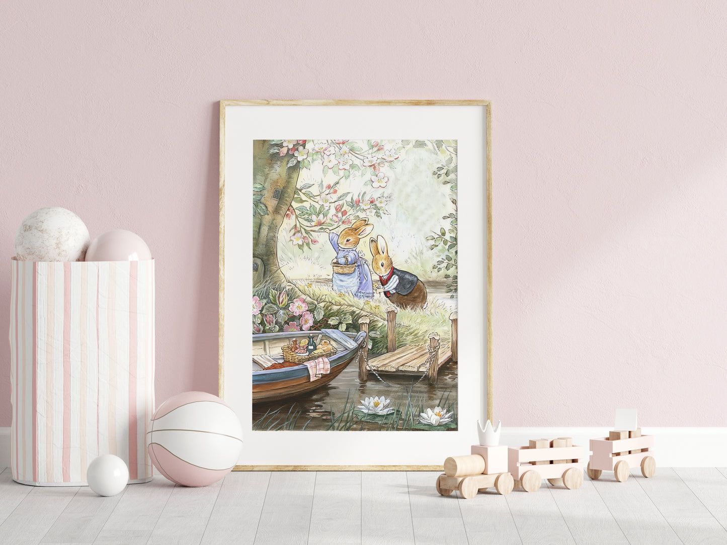 Retro Illustration för barnrummet. Beatrix Potter, kaniner på picknick.