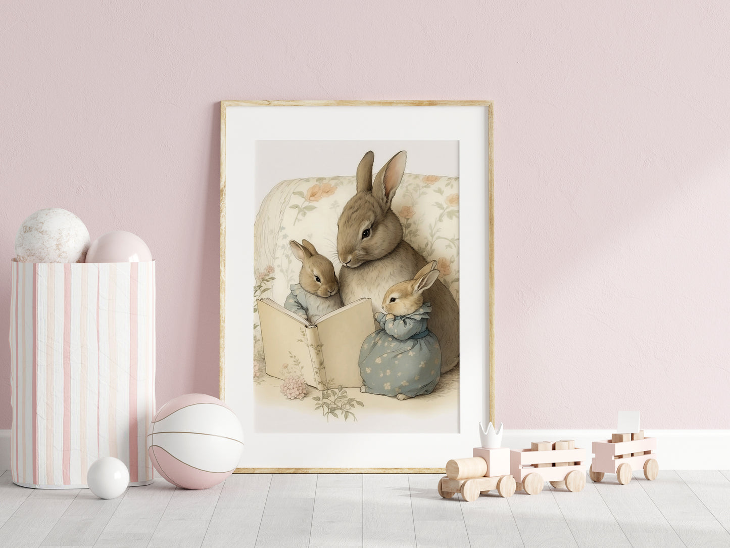 Kaninmamma läser saga för sina ungar illustration.