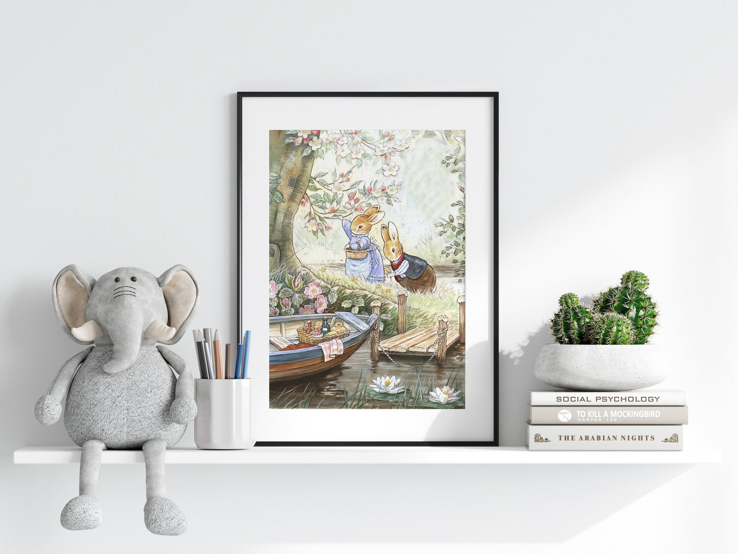 Retro Illustration för barnrummet. Beatrix Potter, kaniner på picknick.