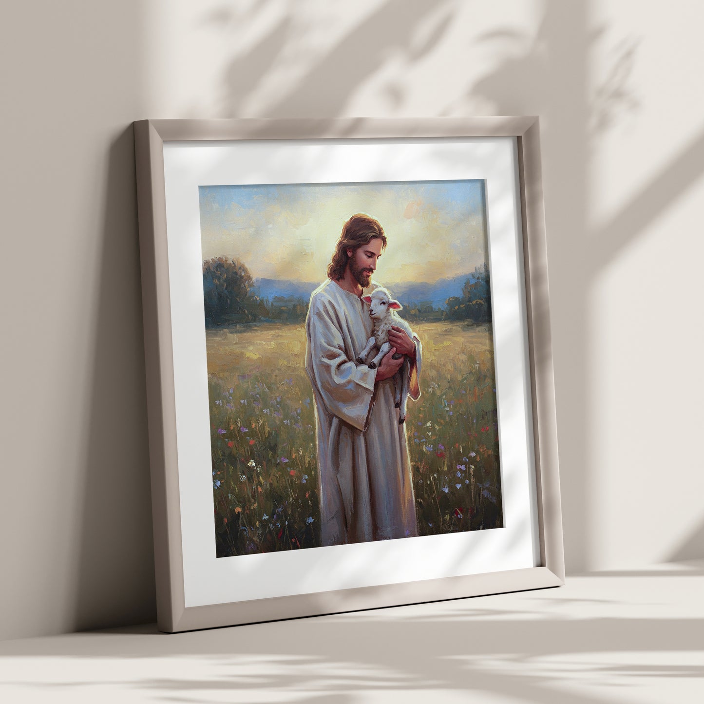 Den gode herden Poster, Jesus håller ett lamm i sin famn oljemålning.