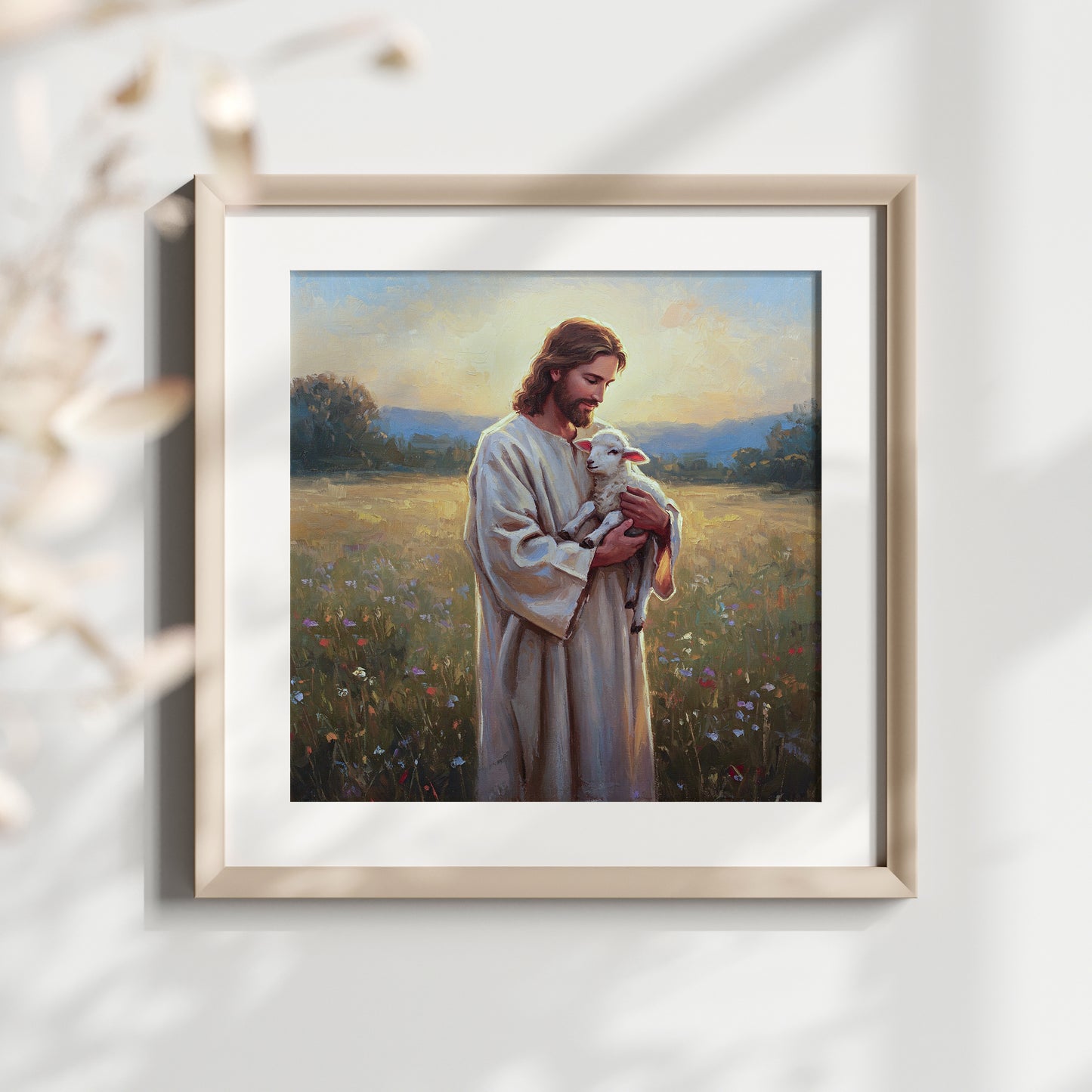 Den gode herden Poster, Jesus håller ett lamm i sin famn oljemålning.