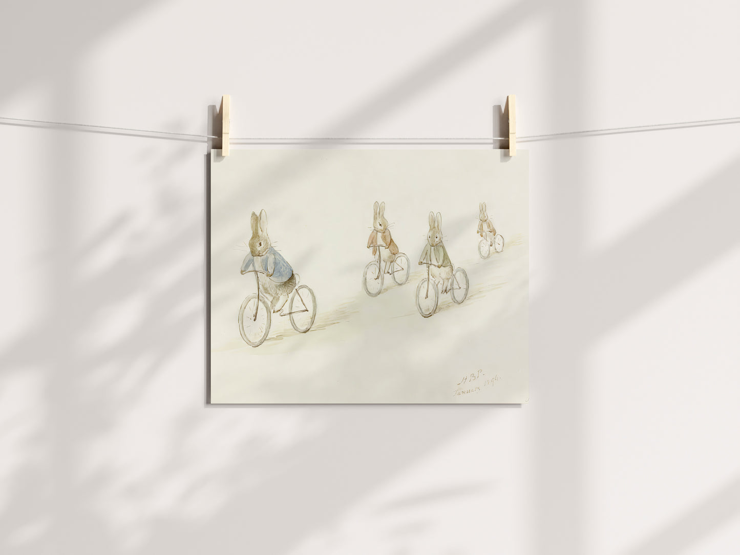 Retro Beatrix Potter illustration för barnrummet. Biker Bunnies.