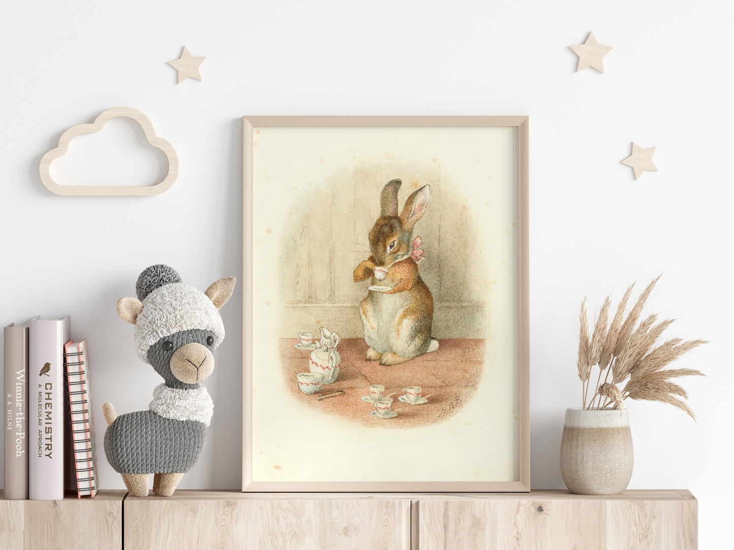 Retro Beatrix Potter illustration för barnrummet. A rabbit tea party.