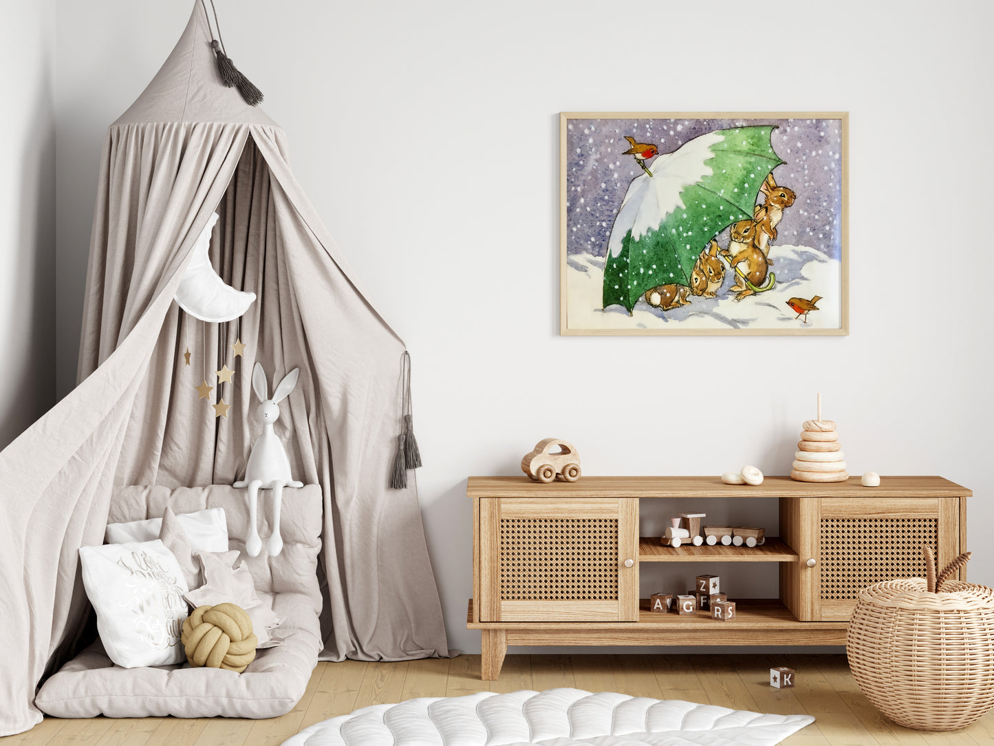 Retro Beatrix Potter illustration, kaniner under paraply.