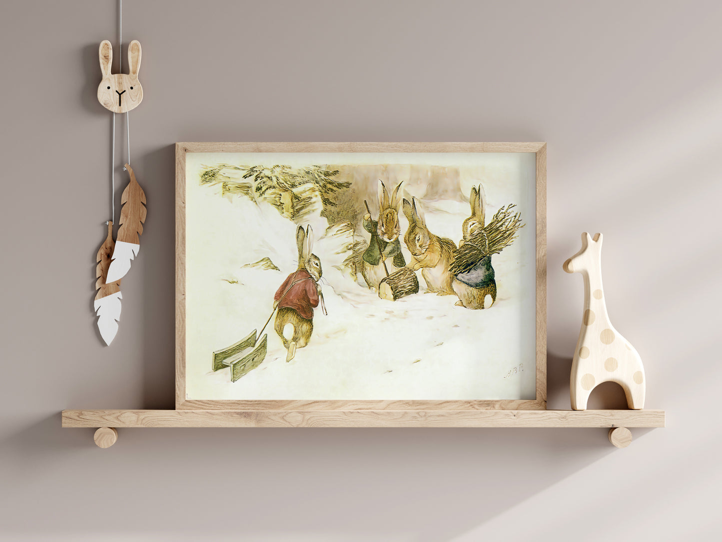 Retro Beatrix Potter illustration, kaniner i vinterlandskap.