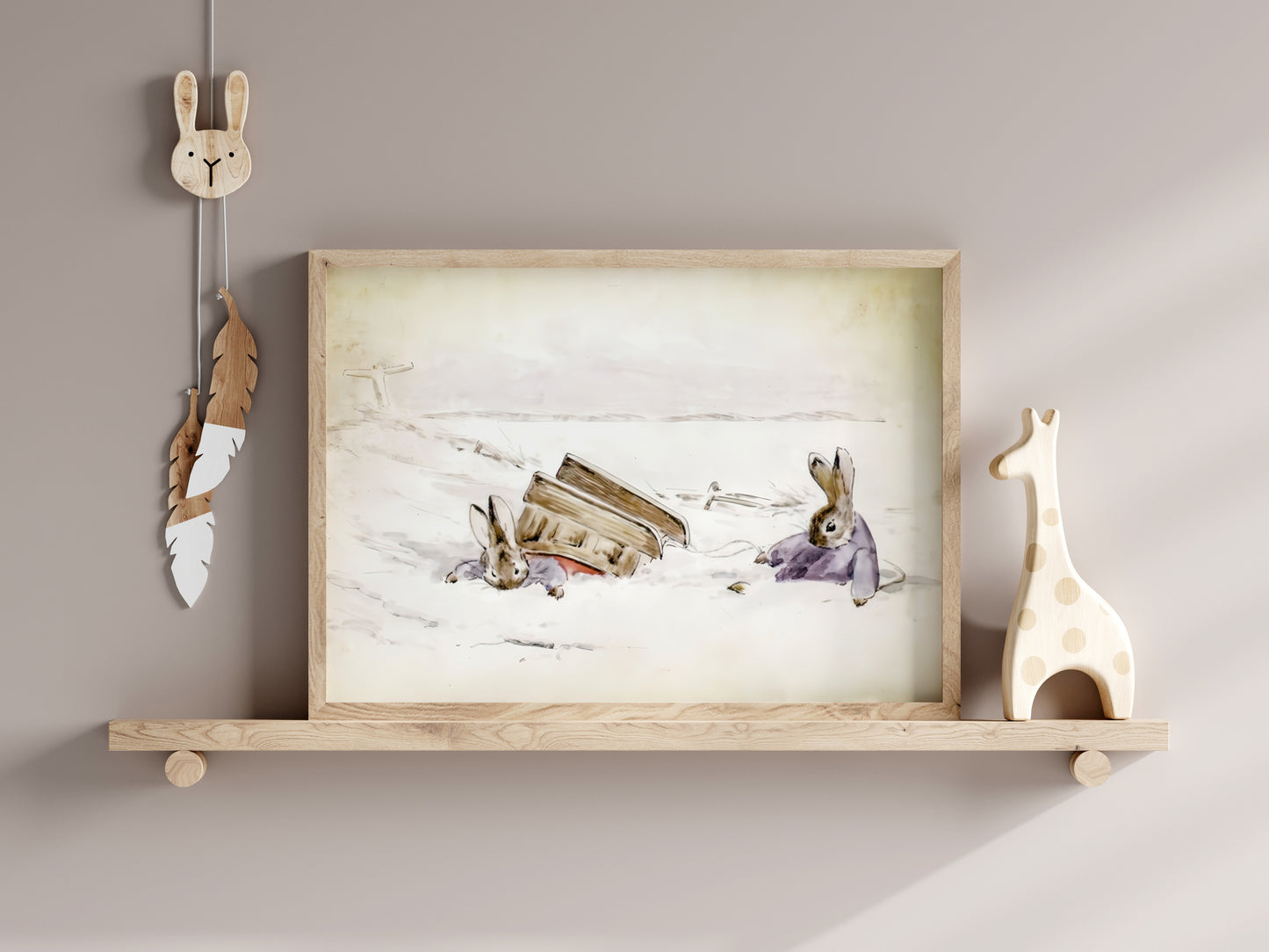Retro Beatrix Potter illustration, kaniner i snölandskap.