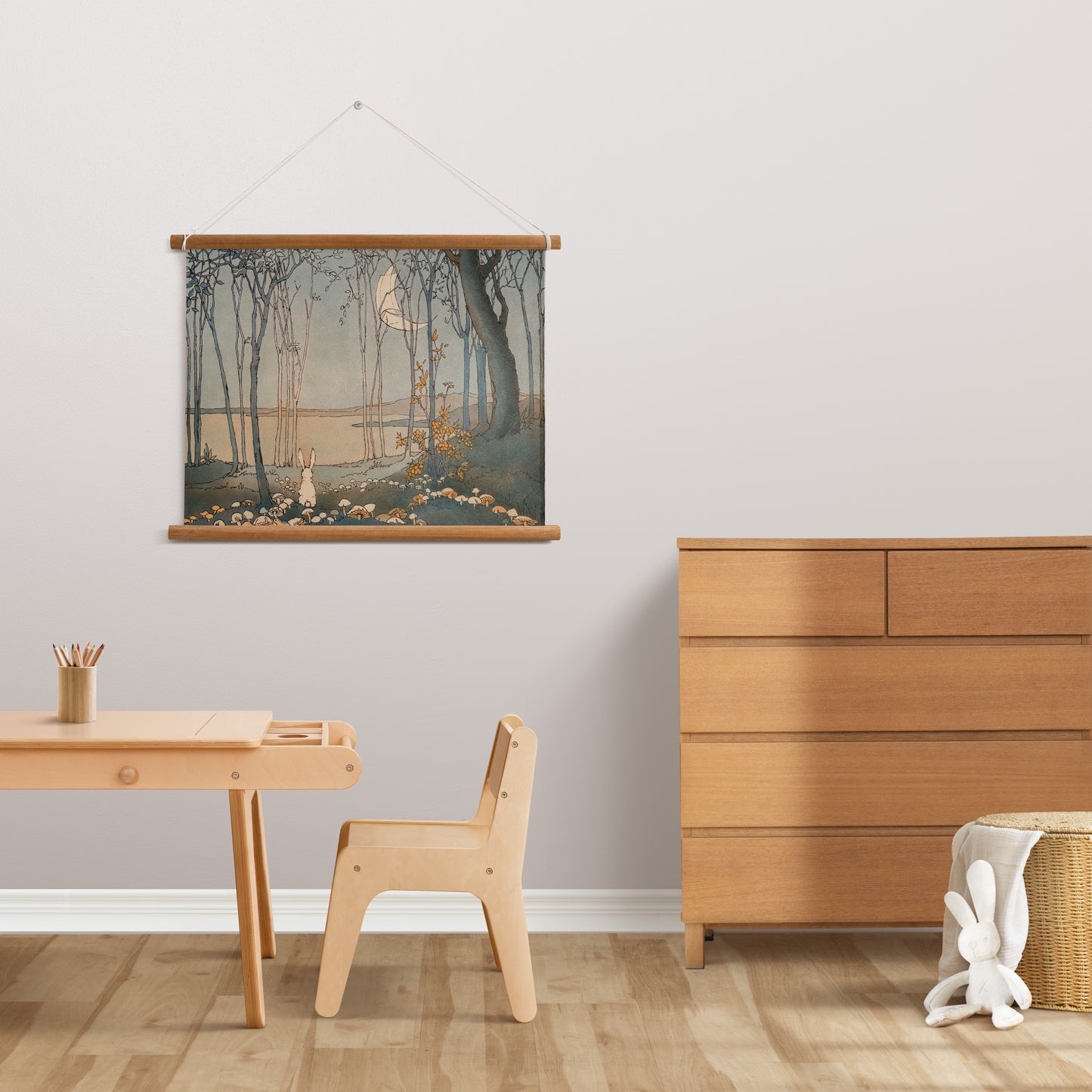 Retro Illustration för barnrummet. Kanin i magisk skog.