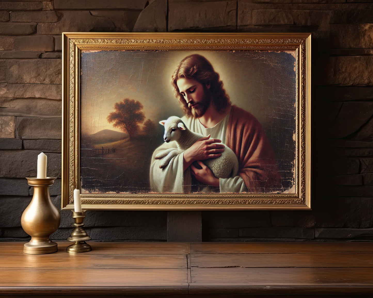 Jesus den goda herden Poster. Gammal oljemålning.