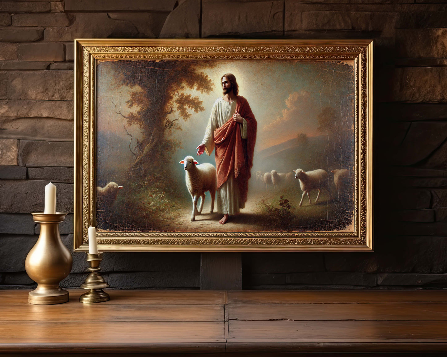Jesus den goda herden Poster. Gammal oljemålning.