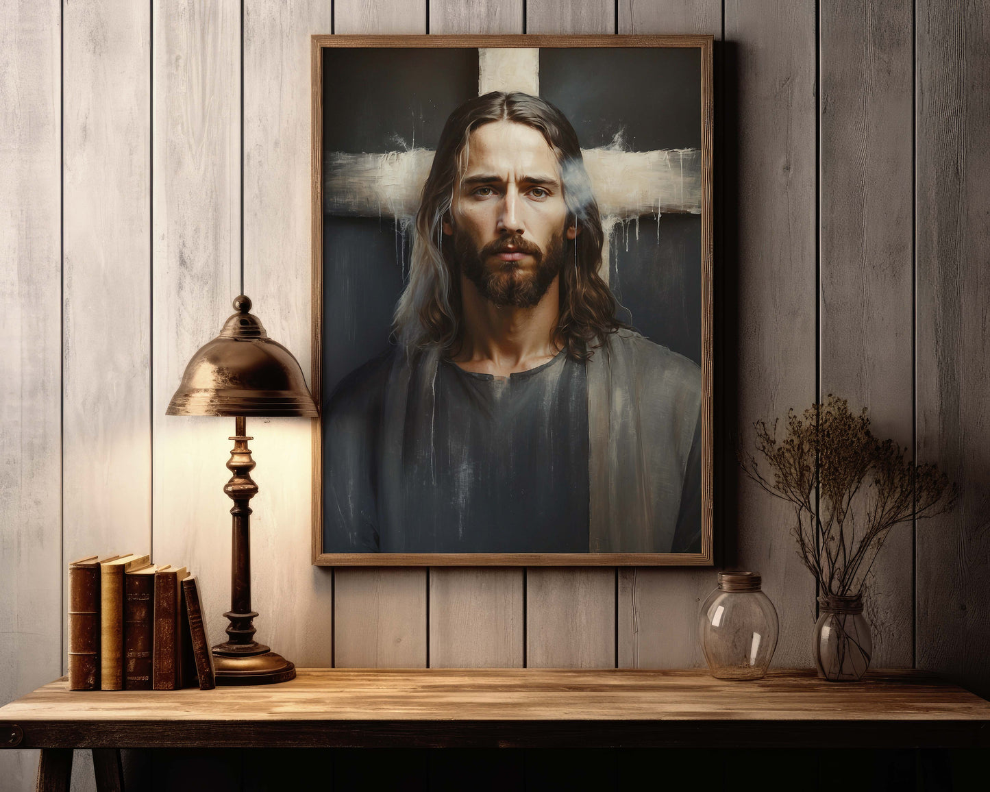 Poster, Jesus porträtt med kors i bakgrunden.
