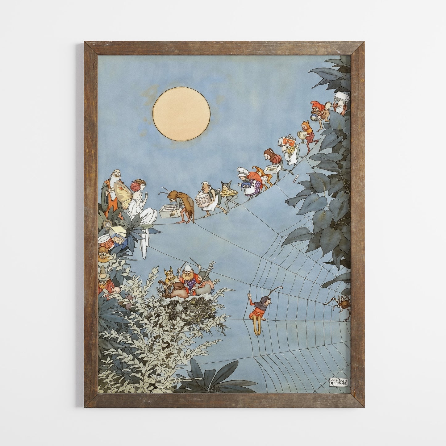 "Spiders web in moonlight" Retro illustration för barnrummet av William Heath Robinson.