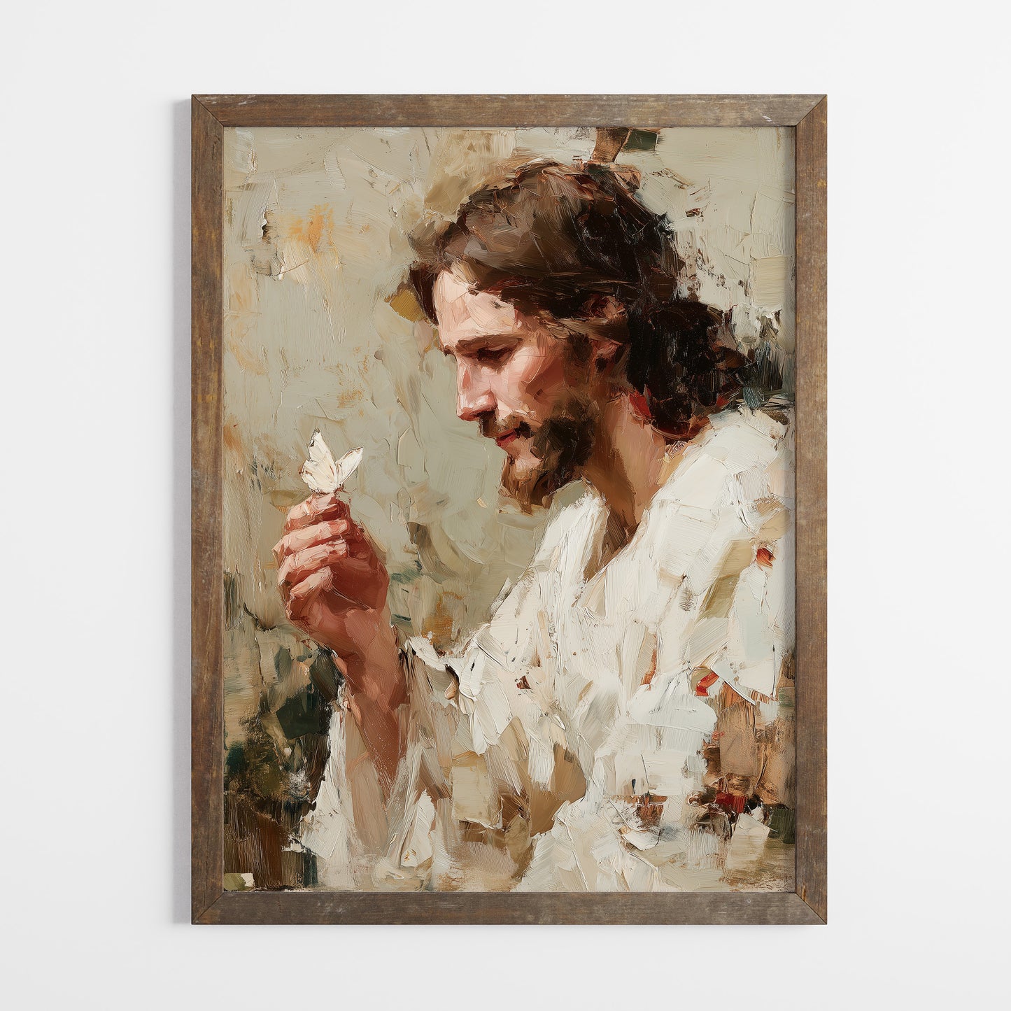 Jesus med fjäril oljemålning,