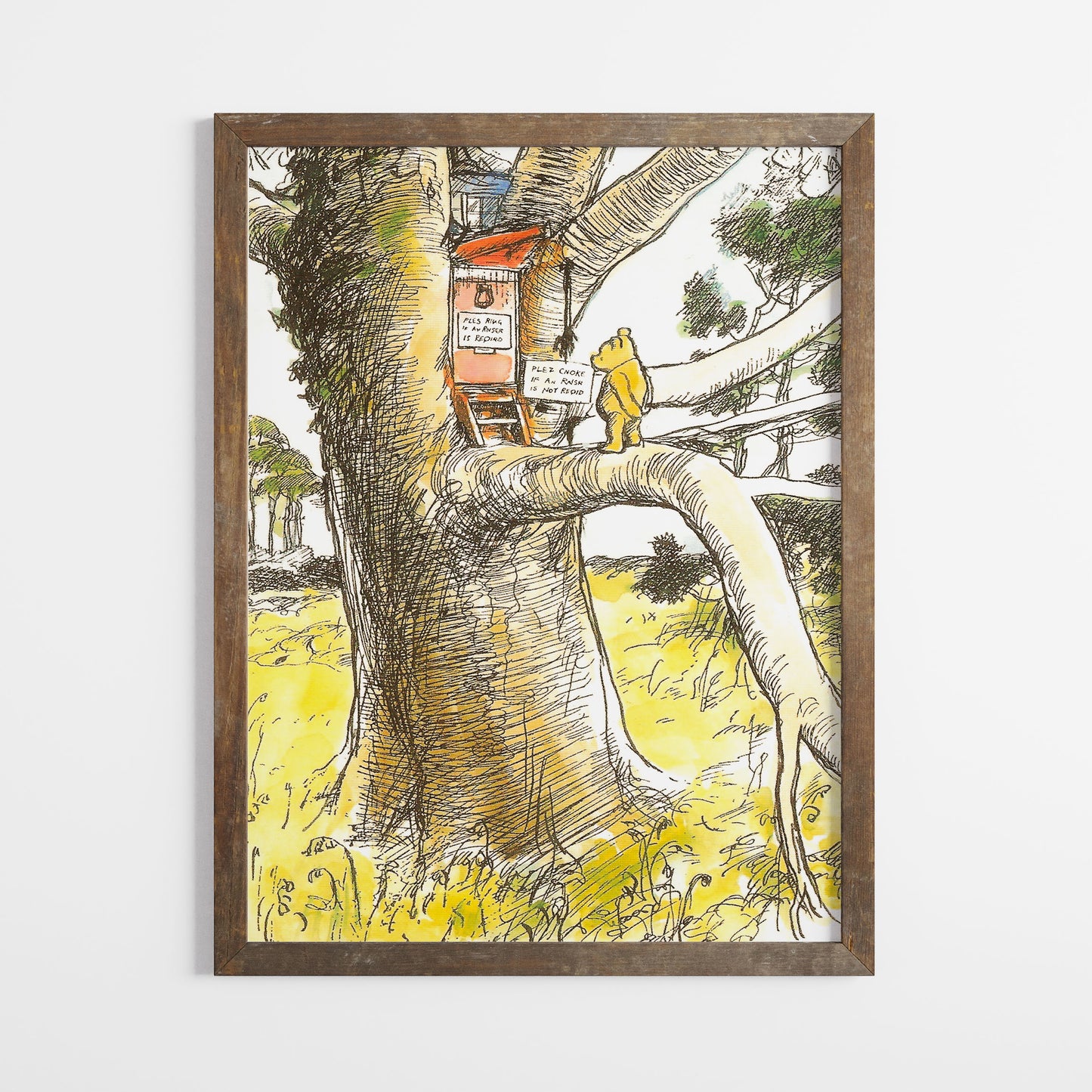 Retro Nalle Puh illustration för barnrummet. Trädkoja.