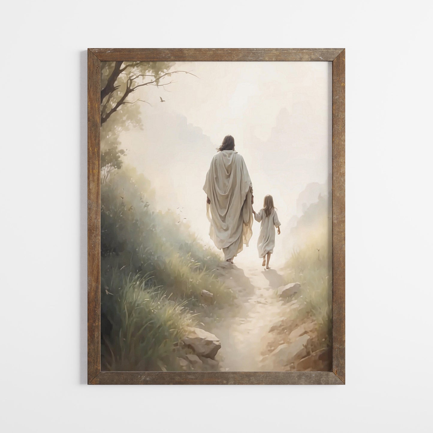 Poster av Jesus som går mot ljuset med en liten flicka.